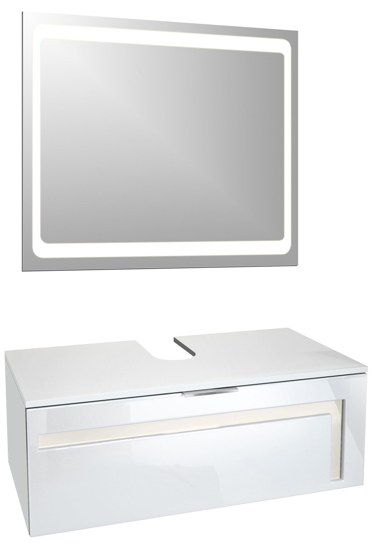 Vladon Waschbeckenunterschrank Aloha (Wachtischunterschrank, 1-St., mit LED-Spiegel und Waschbecken) Weiß matt/Weiß glänzend, Absetzung in Creme glänzend (96x36x51 cm)