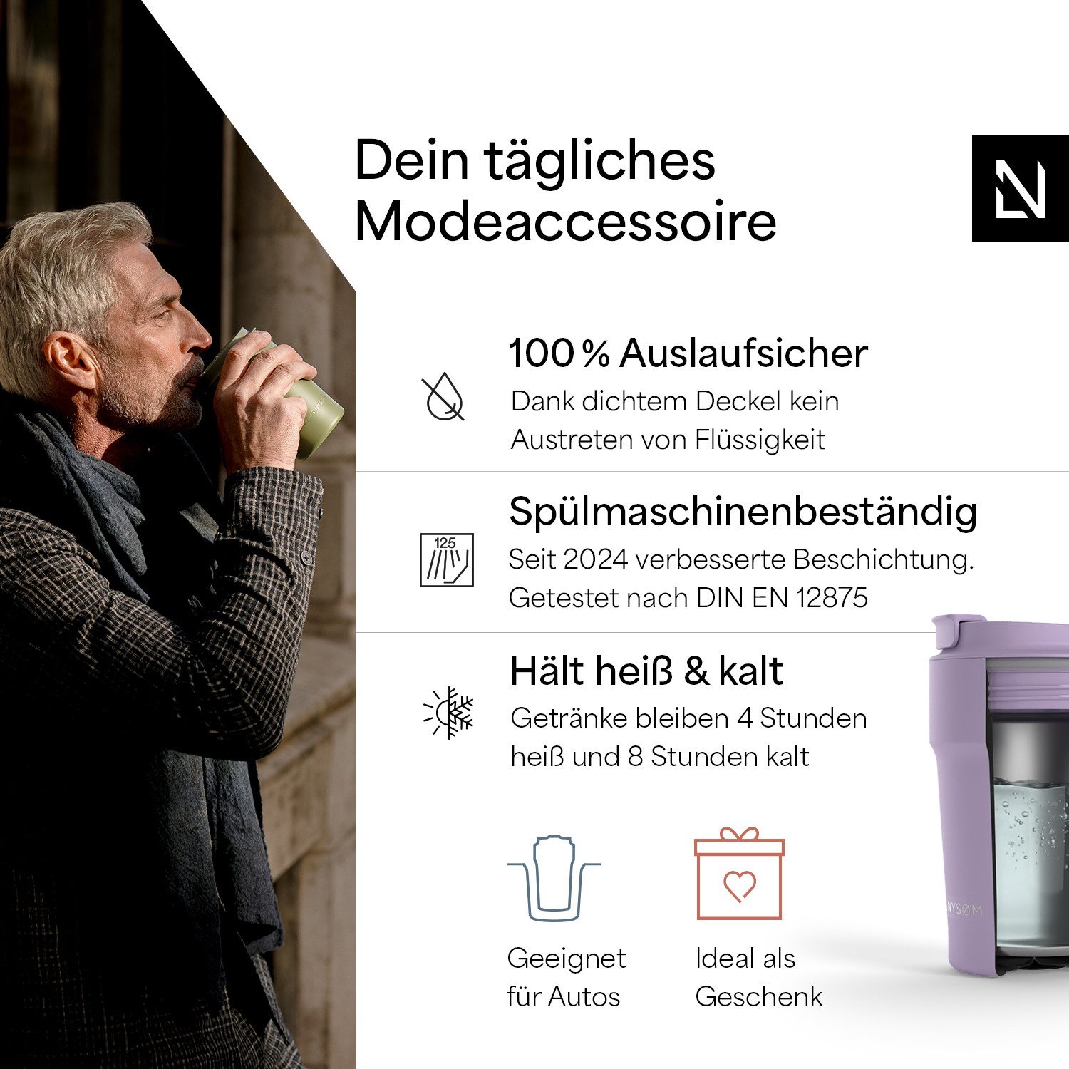 LARS NYSØM Thermobecher Bevægelse, 1-tlg., Thermobecher mit Vakuum Isolierung: 4h heiß / 8h kühl