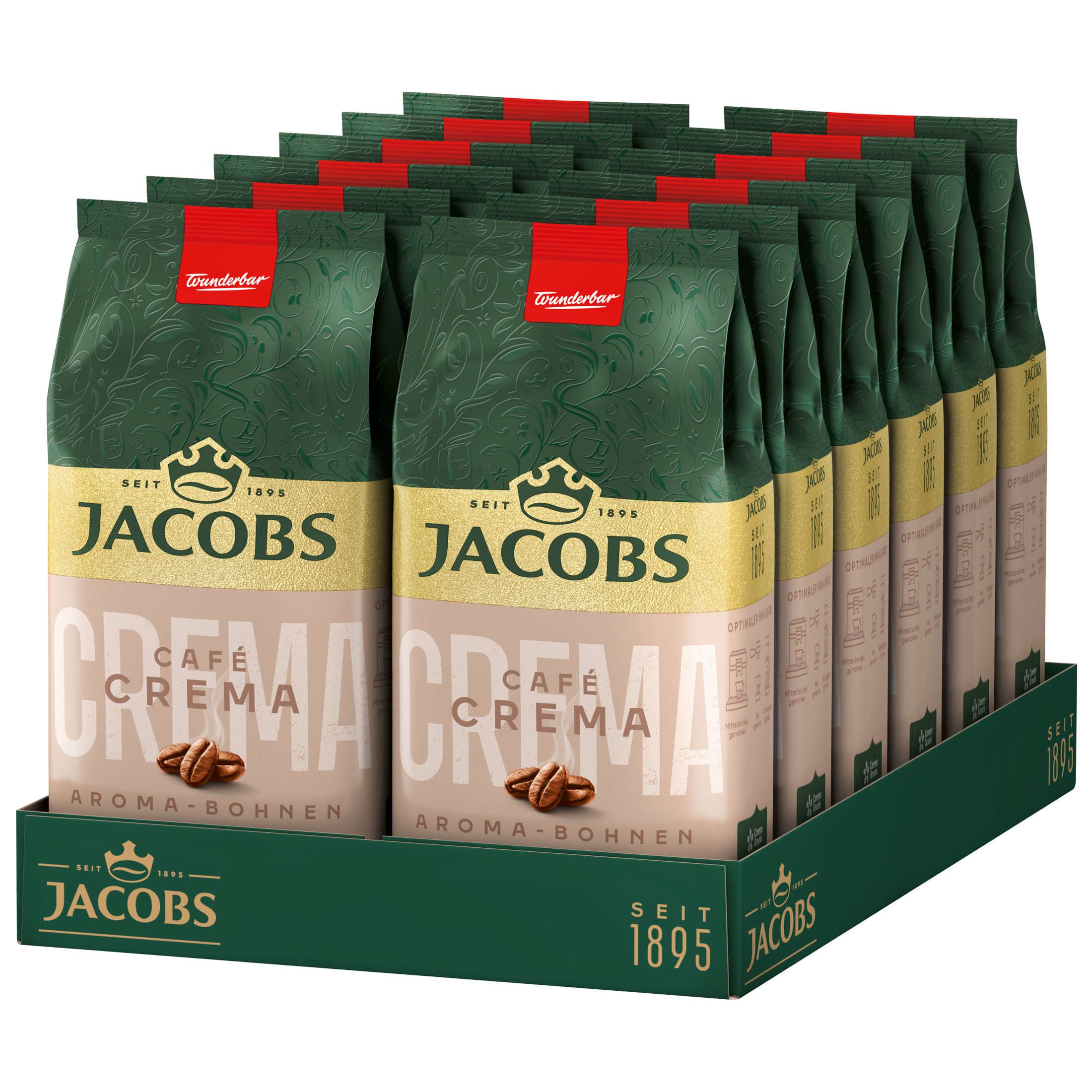 JACOBS Kaffee Kaffeebohnen Café Crema Aroma-Bohnen ganze Bohne geröstet 12 x 500 g, 6000 g, (Packung, 12er Pack)