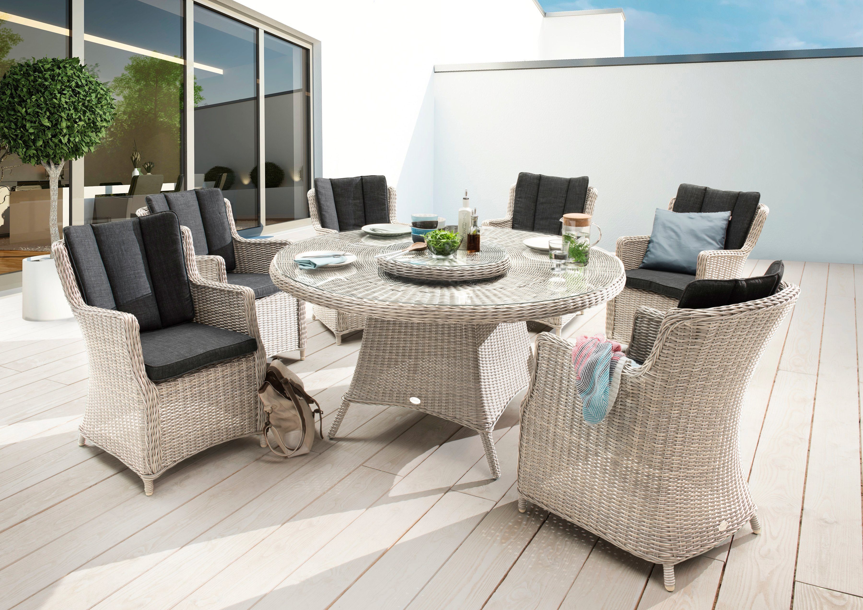 Destiny Garten-Essgruppe LUNA, (19-tlg., 6x Sessel, 1x Tisch, 1x Drehteller, inkl. Auflagen), Aluminium, Polyrattan