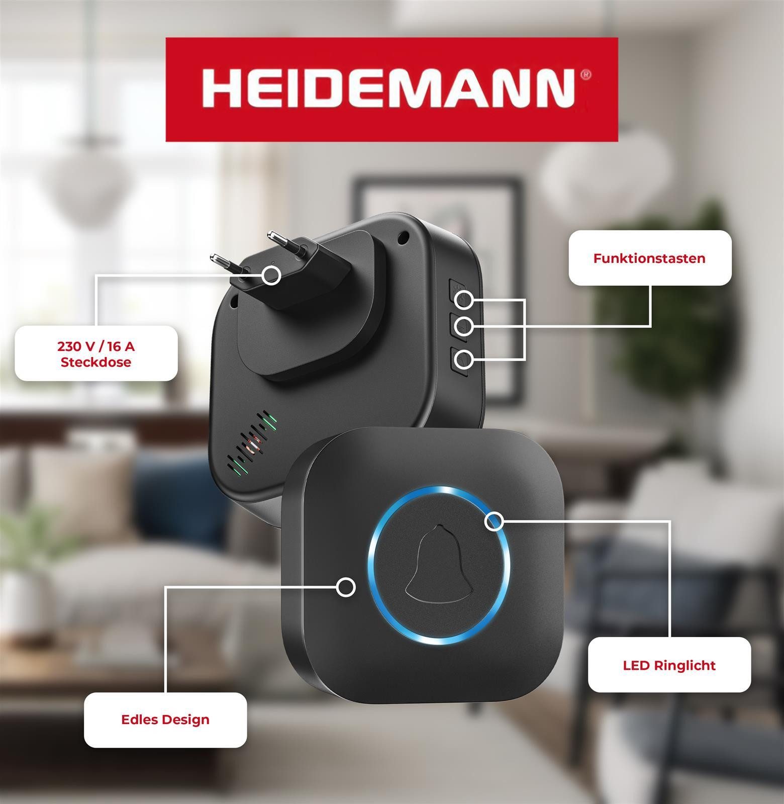 Heidemann Türklingel-Set Heidemann Funkgong-Set Blackline, 1 Empfänger, 36 Klingeltöne, (2-tlg), LED-Signal, verschiedene Lautstärkestufen, 36 Melodien