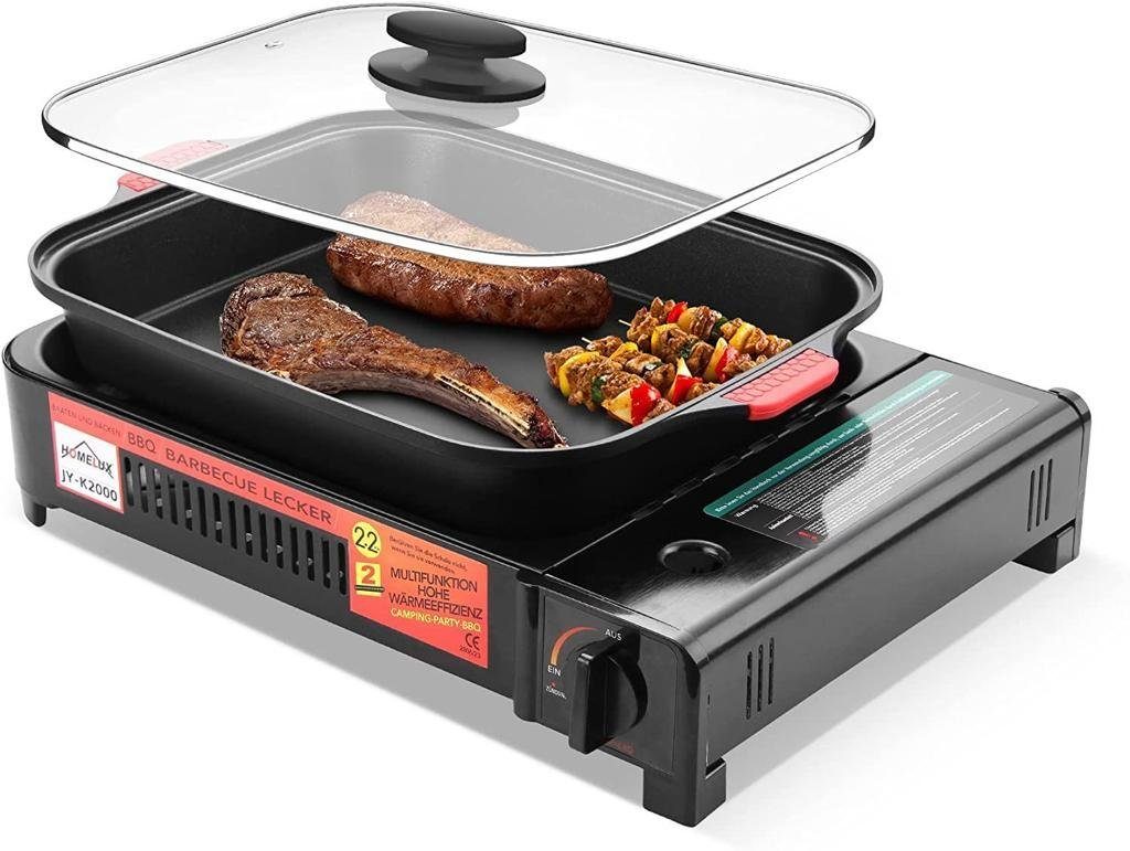 Homelux Camping-Gasgrill Transportabler Gasgrill mit Pfanne 2 in 1 Barbecue
