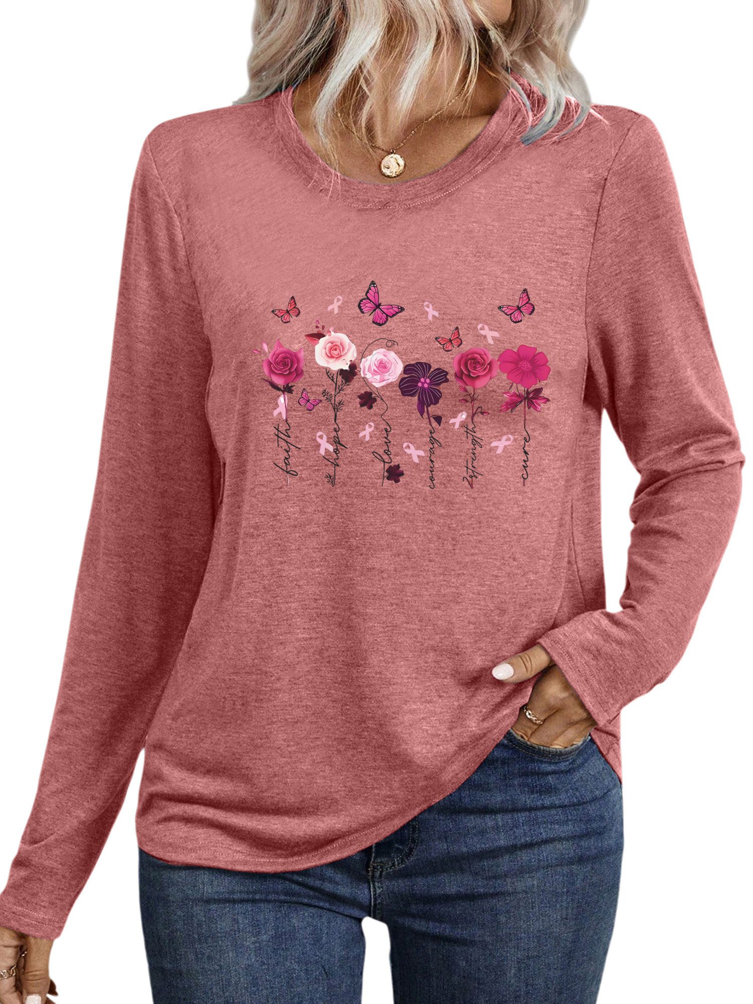 PYLIKE Rundhalsshirt Shirts Damen Casual Blumen Ausgefallene bequemes Langarmshirt Geeignet für den täglichen Gebrauch im Büro und zu Hause – Bild 2 von 5