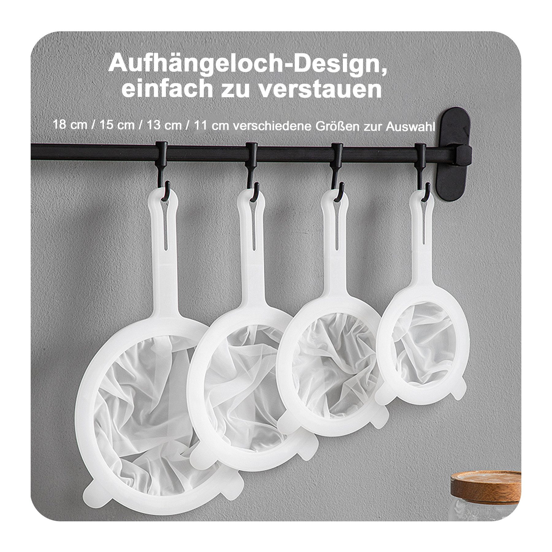 Mutig Küchensieb 4 Stück,400Mesh Nylon Sieb Fein Feines Sieb,11/13/15/18CM Handgriff, (Feines Sieb mit Griff,Nylon Sieb,Plastikfilter für präzises Filtern, für die Filterung von Speiseöl Saft Milch Sojamilch und Kaffee), die Filterung von Speiseöl Saft Milch Sojamilch und Kaffee