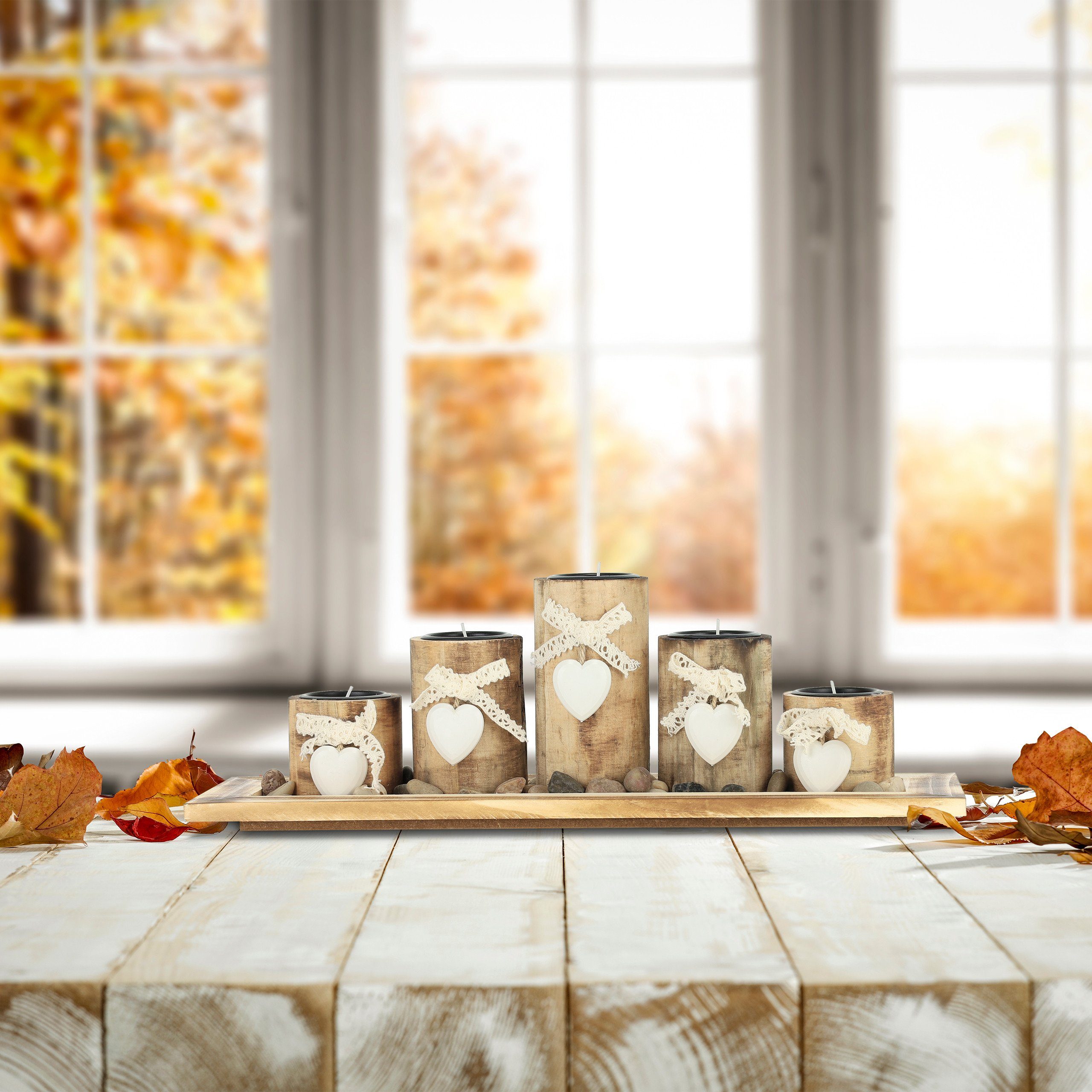relaxdays Teelichthalter mit Tablett 5 Teelichthalter Holzoptik mit Tablett günstig online kaufen