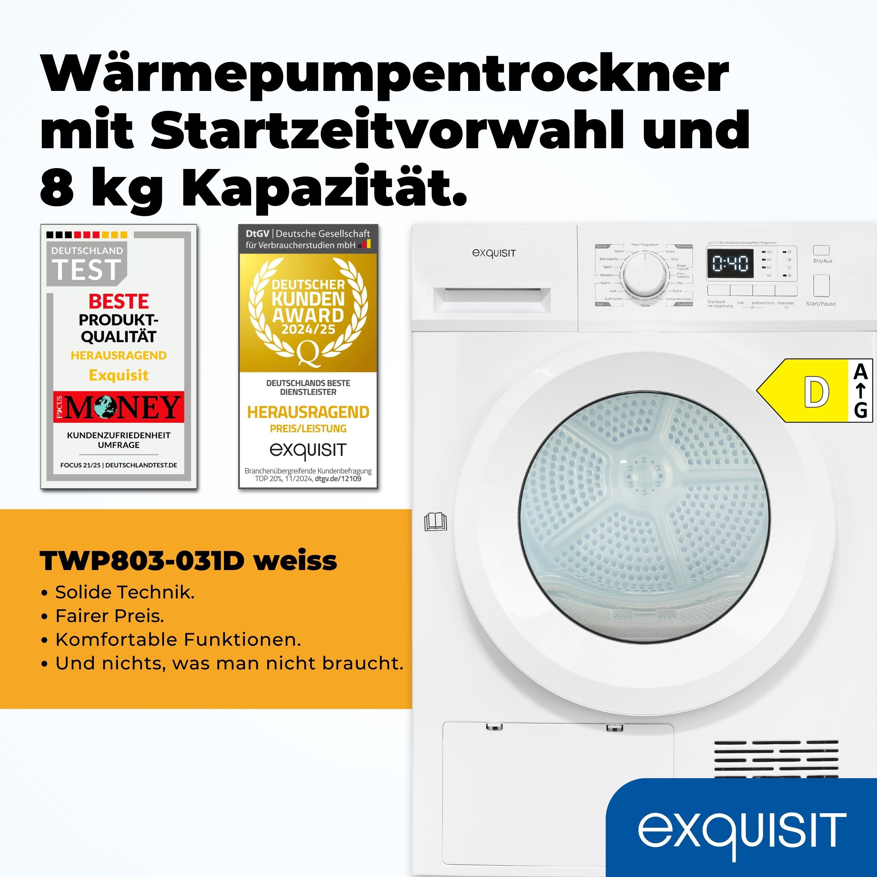 exquisit Wärmepumpentrockner TWP803-031D weiss, 8 kg, 16 Programme, Restlaufzeitanzeige, Knitterschutz, LED-Licht
