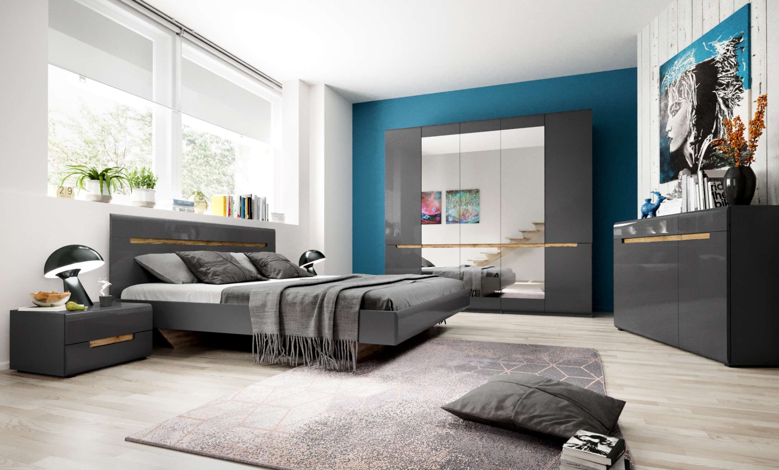 Stylefy Schlafzimmer-Set Arest, (Set 1xDoppelbett, variabel (4-St), stellbar Design, Komplett 1xNachttisch, aus Modern bestehend 1xDrehtürenschrank, und 1xKommode Schlafzimmer)