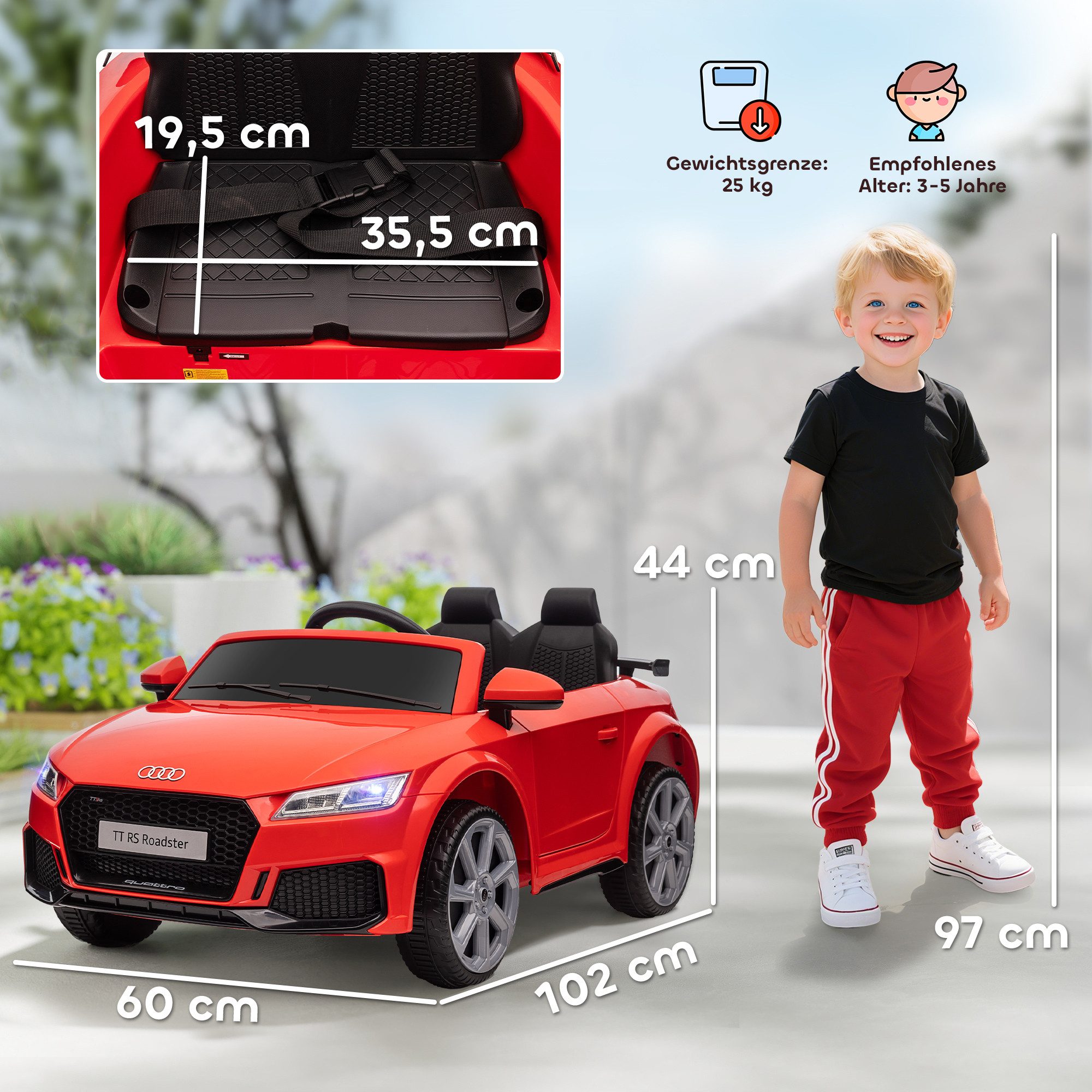 HOMCOM Elektro-Kinderauto Kinderauto mit Scheinwerfer, Belastbarkeit 25 kg, (1-tlg), Rot 102 x 60 x 44 cm