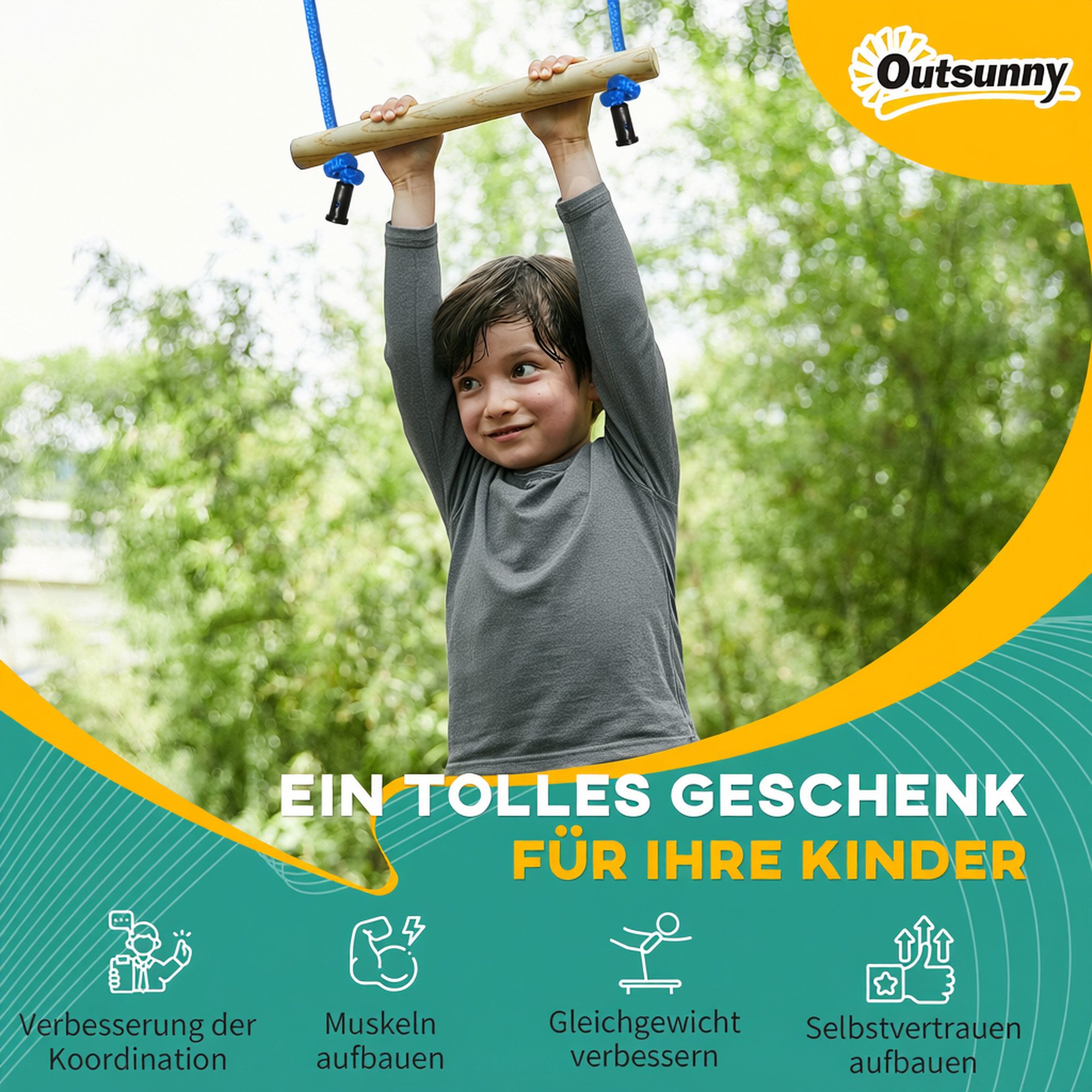 Outsunny Slackline 10 m Seil mit Hindernissen, für Garten, Balkon, Blau+Schwarz+Rot
