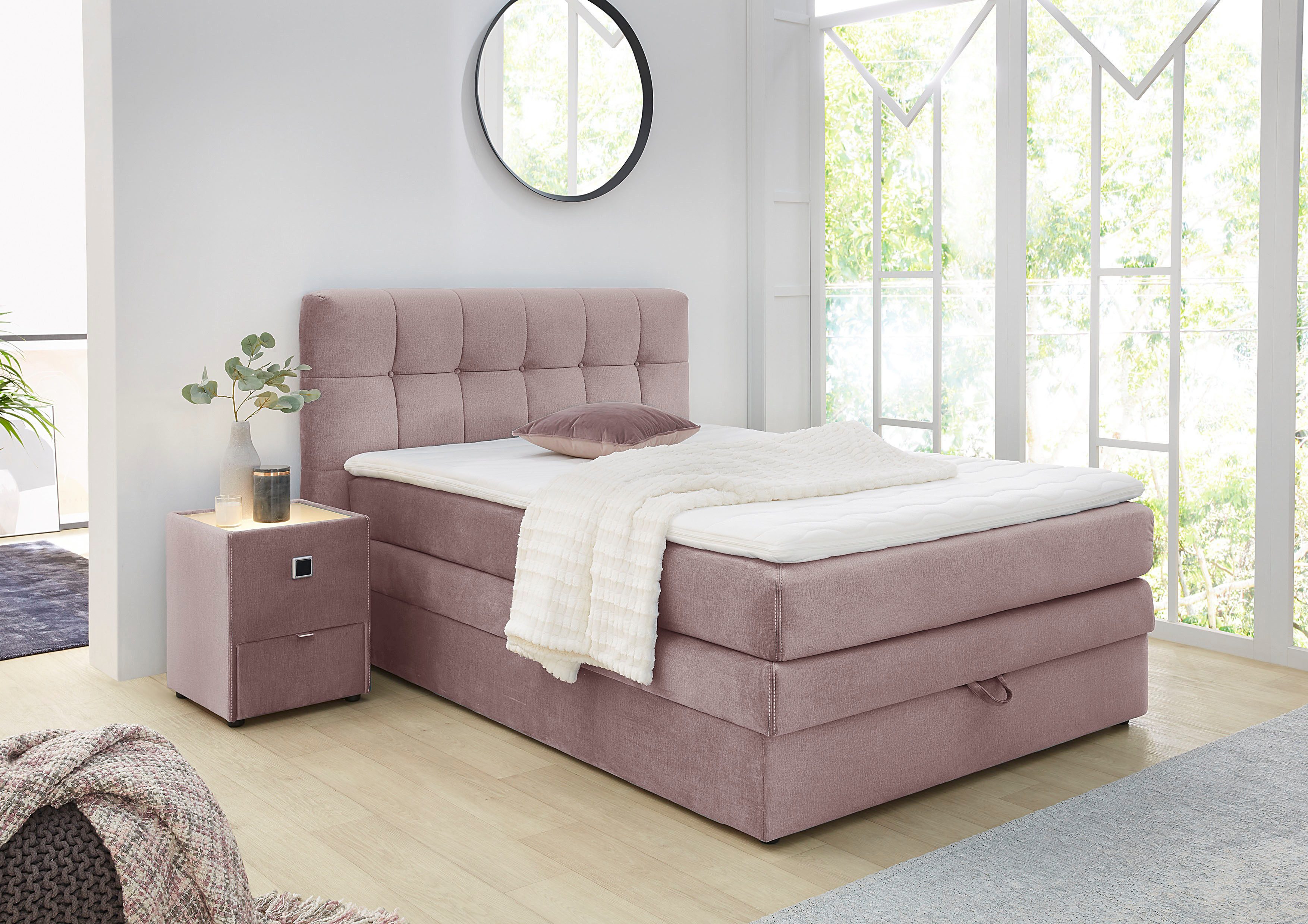 Jockenhöfer Gruppe Boxspringbett AMY in Samt, erhältlich in den Breiten 120cm & 140cm, mit Bettkasten und Topper