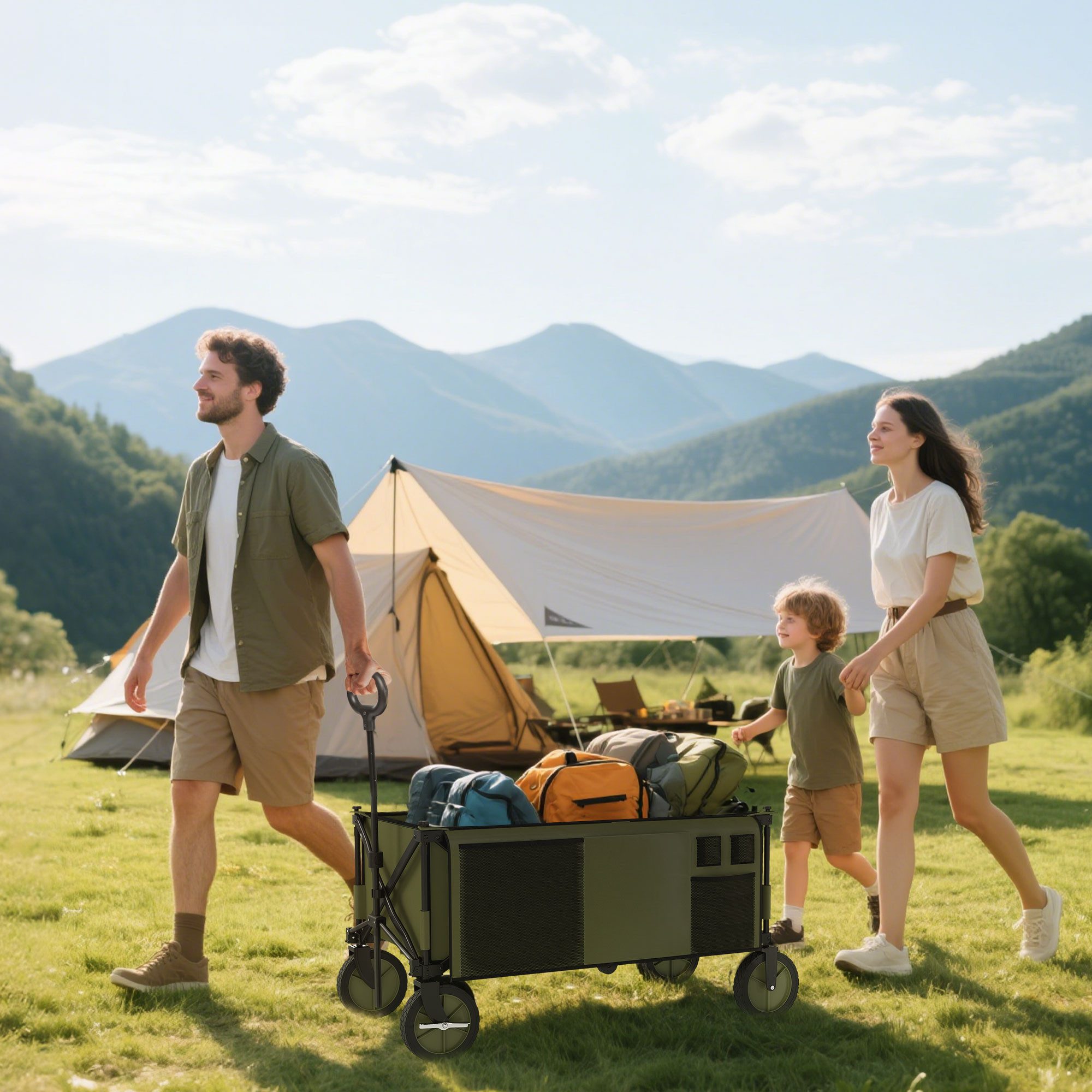 Outsunny Fahrradlastenanhänger faltbar, mit Räder, Bremsen, Tragetasche, 125L, bis 120kg belastbar, für Garten, Balkon, Grün