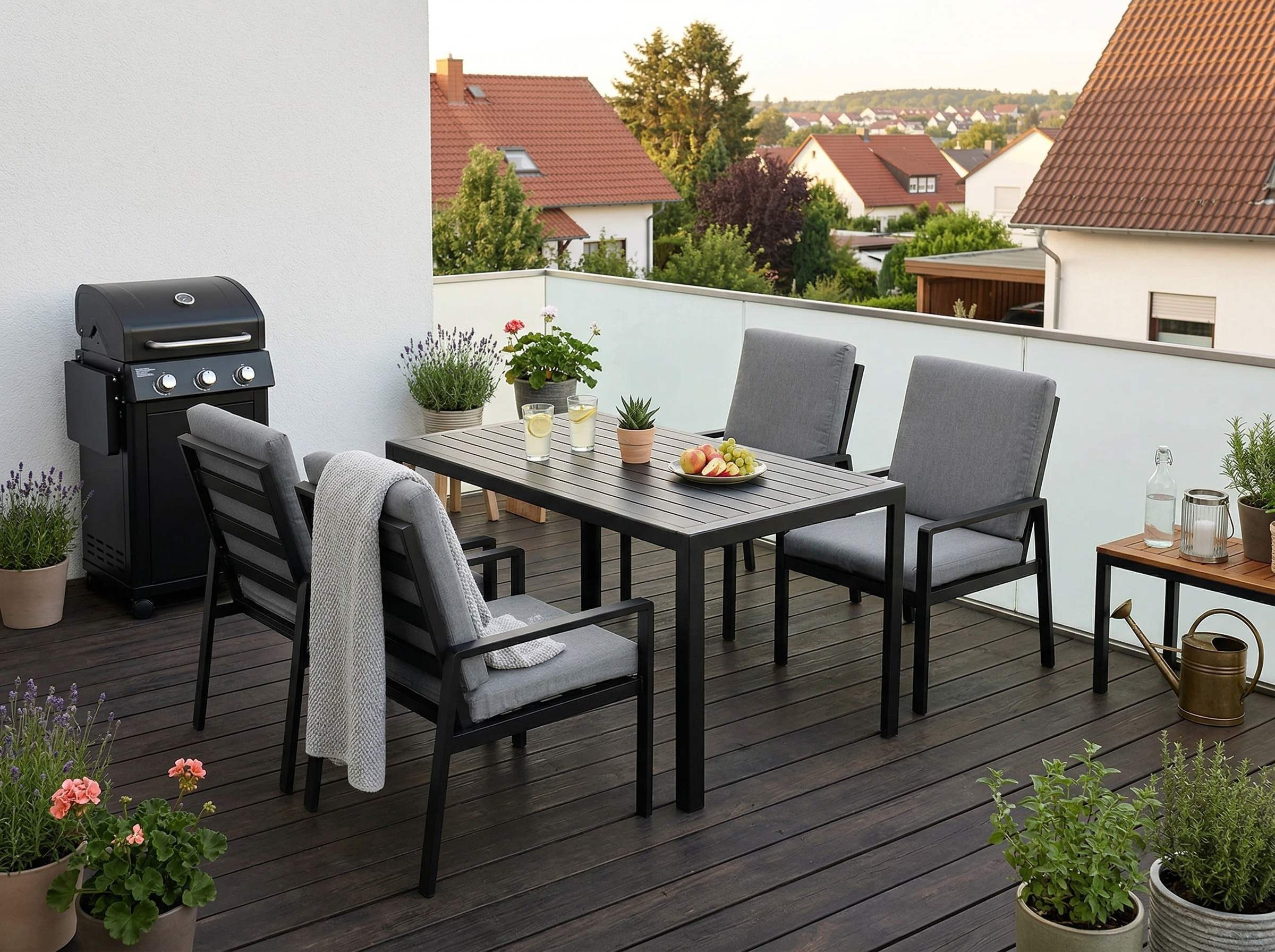 MeXo Gartenlounge-Set Gartenmöbel Set Aluminium Outdoor, (Garten-Essgruppe für 4 Personen, 5-tlg., mit Polywood Tisch & Auflagen), wetterfest für Terrasse & Garten