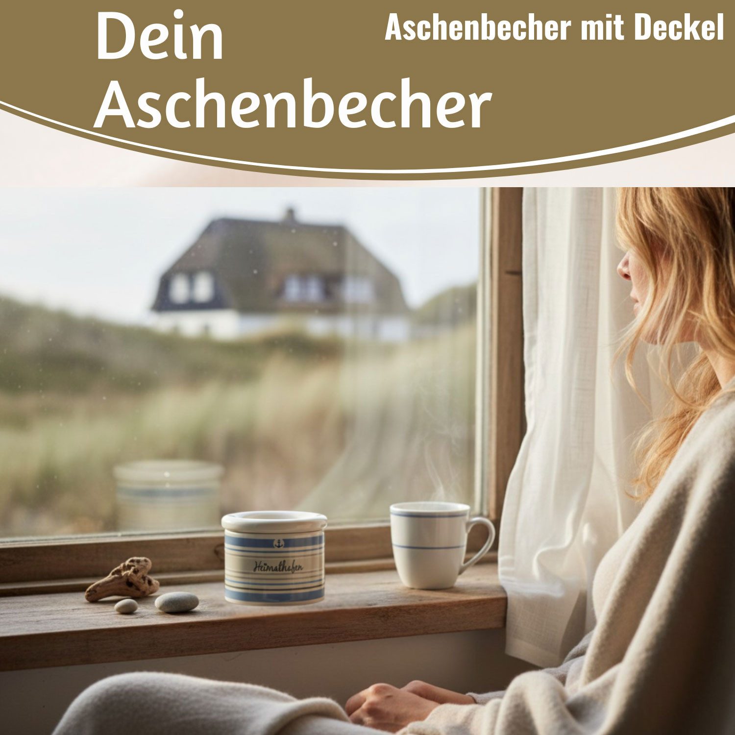 LS-LebenStil Aschenbecher Sturmaschenbecher Heimathafen 10x7,5cm Maritim Weiß Blau mit Deckel, Windaschenbecher Ashtray Tischaschenbecher Garten Balkon Deko