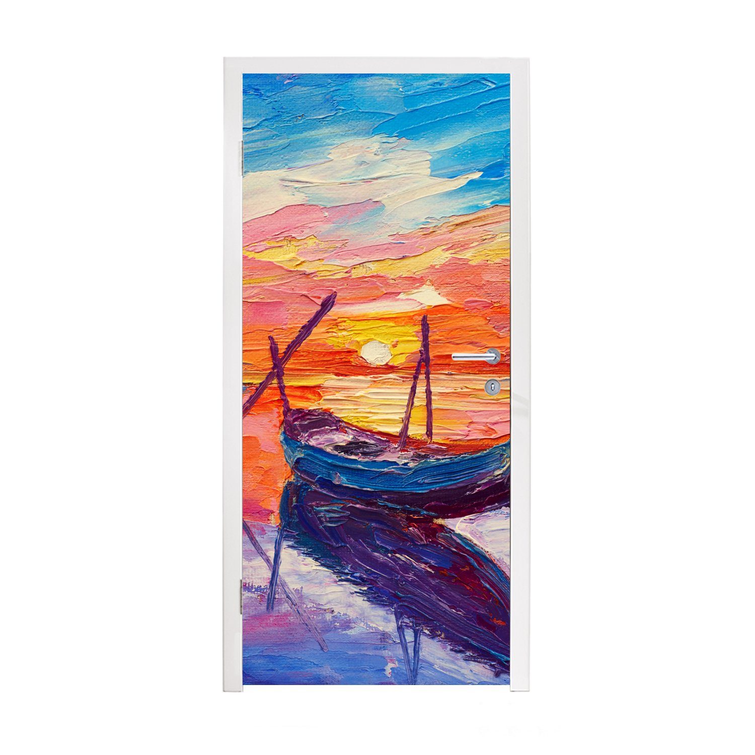 MuchoWow Türtapete Malerei - Boot - Ölfarbe - Wasser, Matt, bedruckt, (1 St), Fototapete für Tür, Türaufkleber, 75x205 cm