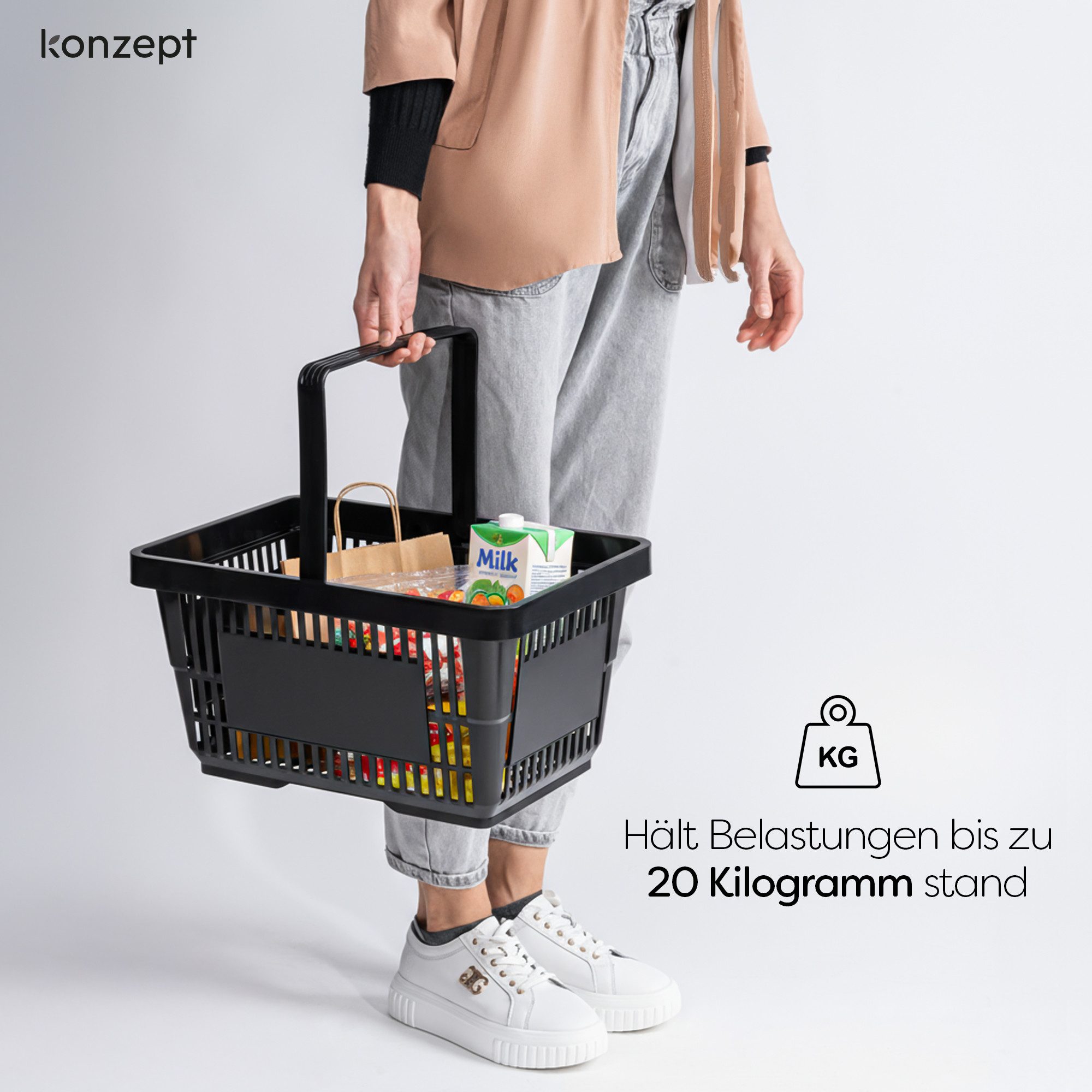 KONZEPT Einkaufskorb 22 L in Schwarz – vielseitiger mit 1 Henkel für Haushalt, Garten, stabiler Kunststoff, ausgelegt für eine Belastung bis zu 20kg