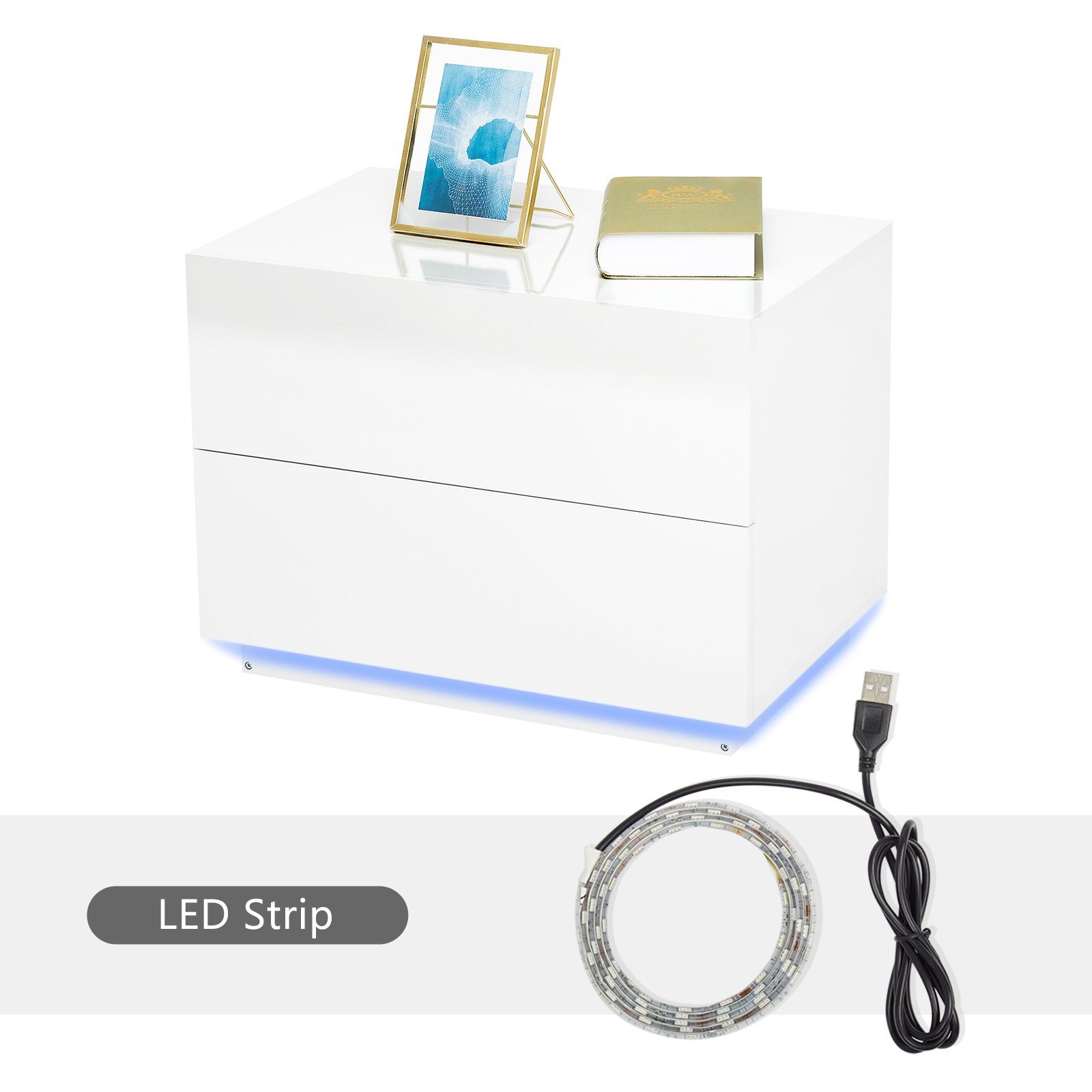 mit Nachttisch Mondeer Nachtkommode, weiß LED 60x39x45cm Hochglanz-Nachttisch USB-LED-Lampe,