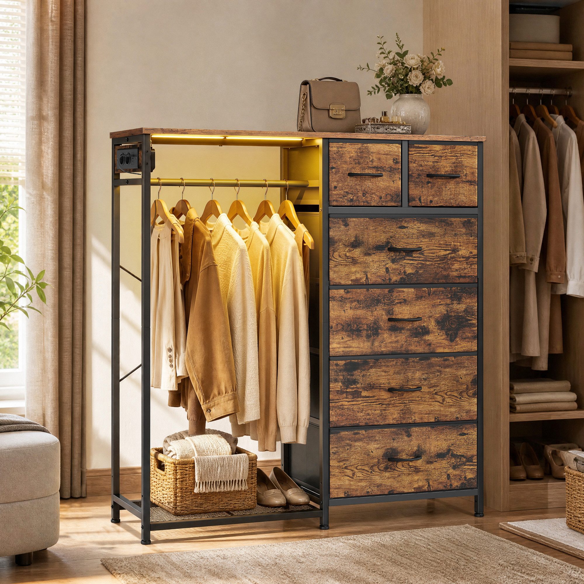 SONGMICS Kleiderständer mit Kleiderstange und Schuhablage, für Schlafzimmer, Flur, Garderobenständer mit 6 Stoffschubladen, 102,7 x 35 x 117,6 cm