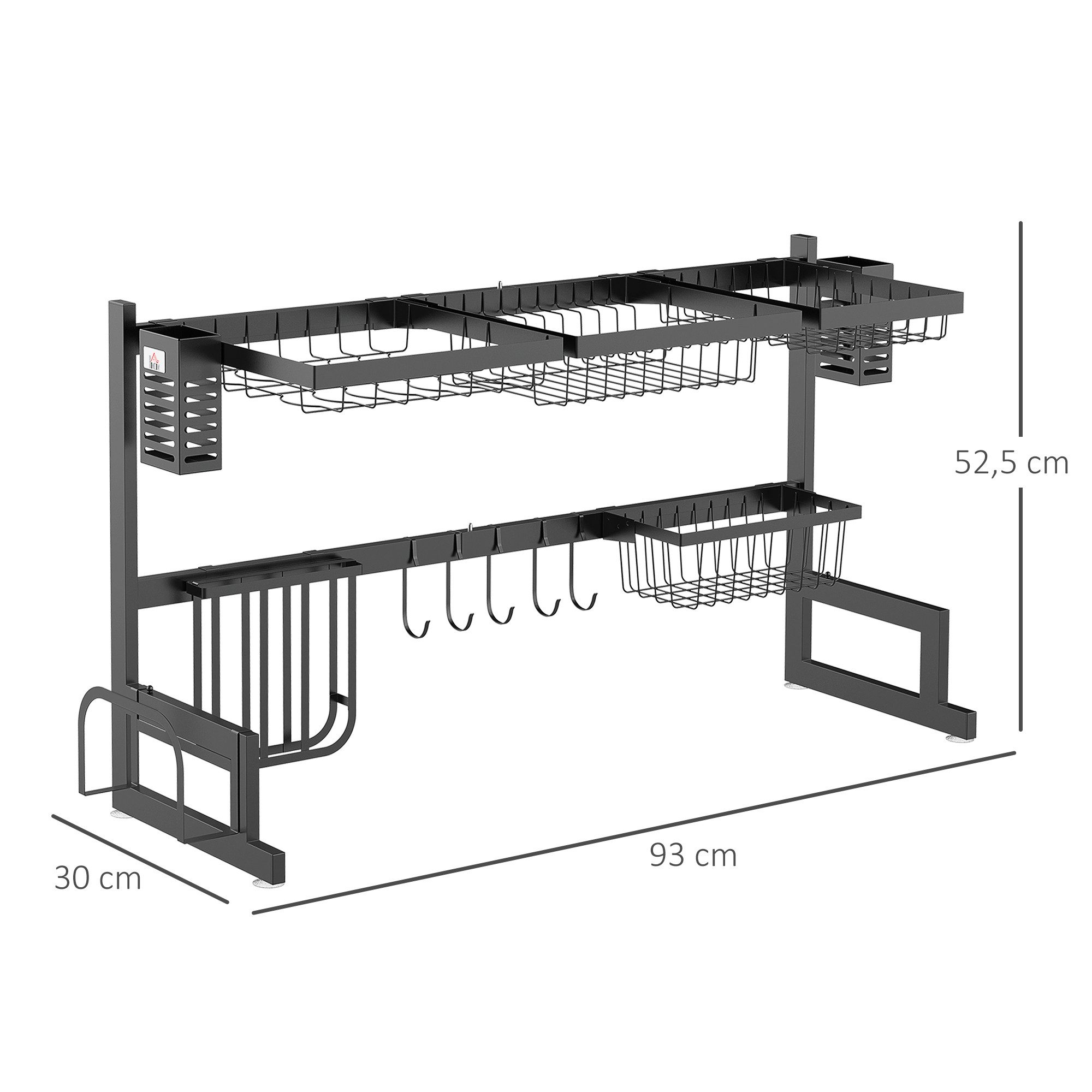 HOMCOM Geschirrständer Abtropfgestell für Geschirr über der Spüle, mit 2 Ebenen, Zubehör für Spülbecken, Stahl, 93 x 30 x 52,5 cm, Schwarz