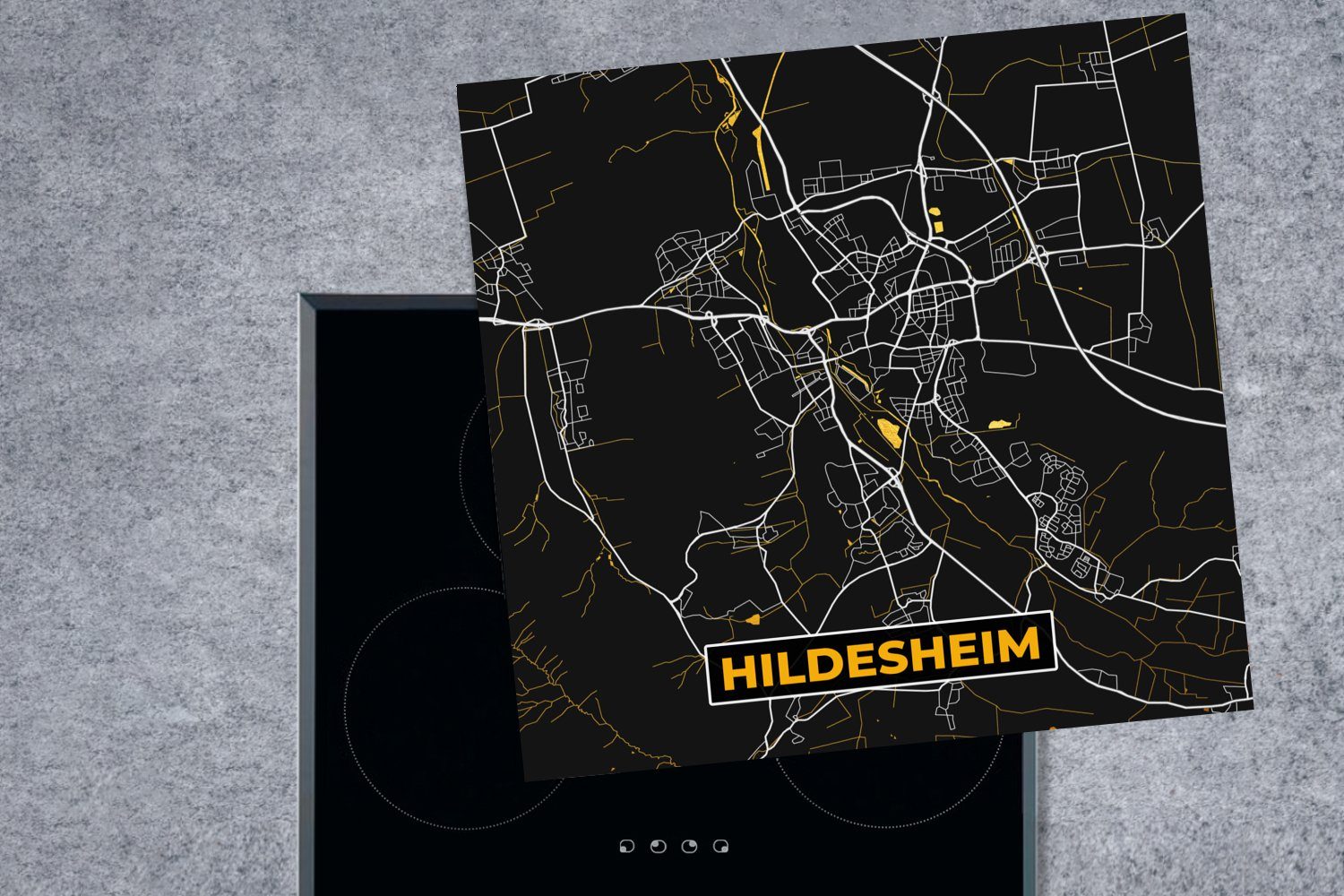 MuchoWow Herdblende-/Abdeckplatte für Deutschland, Karte - Arbeitsplatte 78x78 - - - küche Stadtplan cm, Vinyl, (1 tlg), Gold Ceranfeldabdeckung, Hildesheim