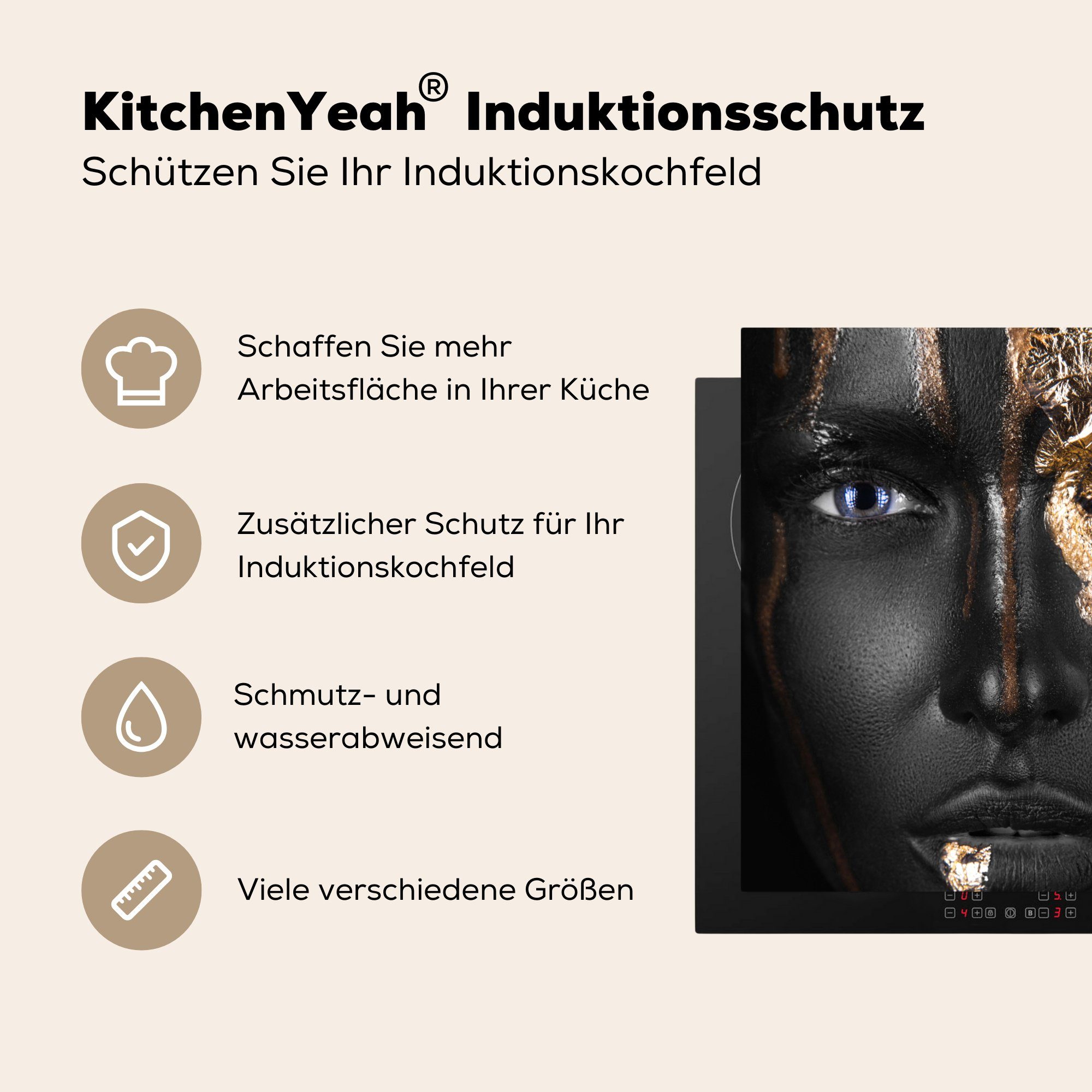 - Frau küche (1 Vinyl, für tlg), 78x78 Schwarz Ceranfeldabdeckung, Gold, MuchoWow cm, Herdblende-/Abdeckplatte und Arbeitsplatte
