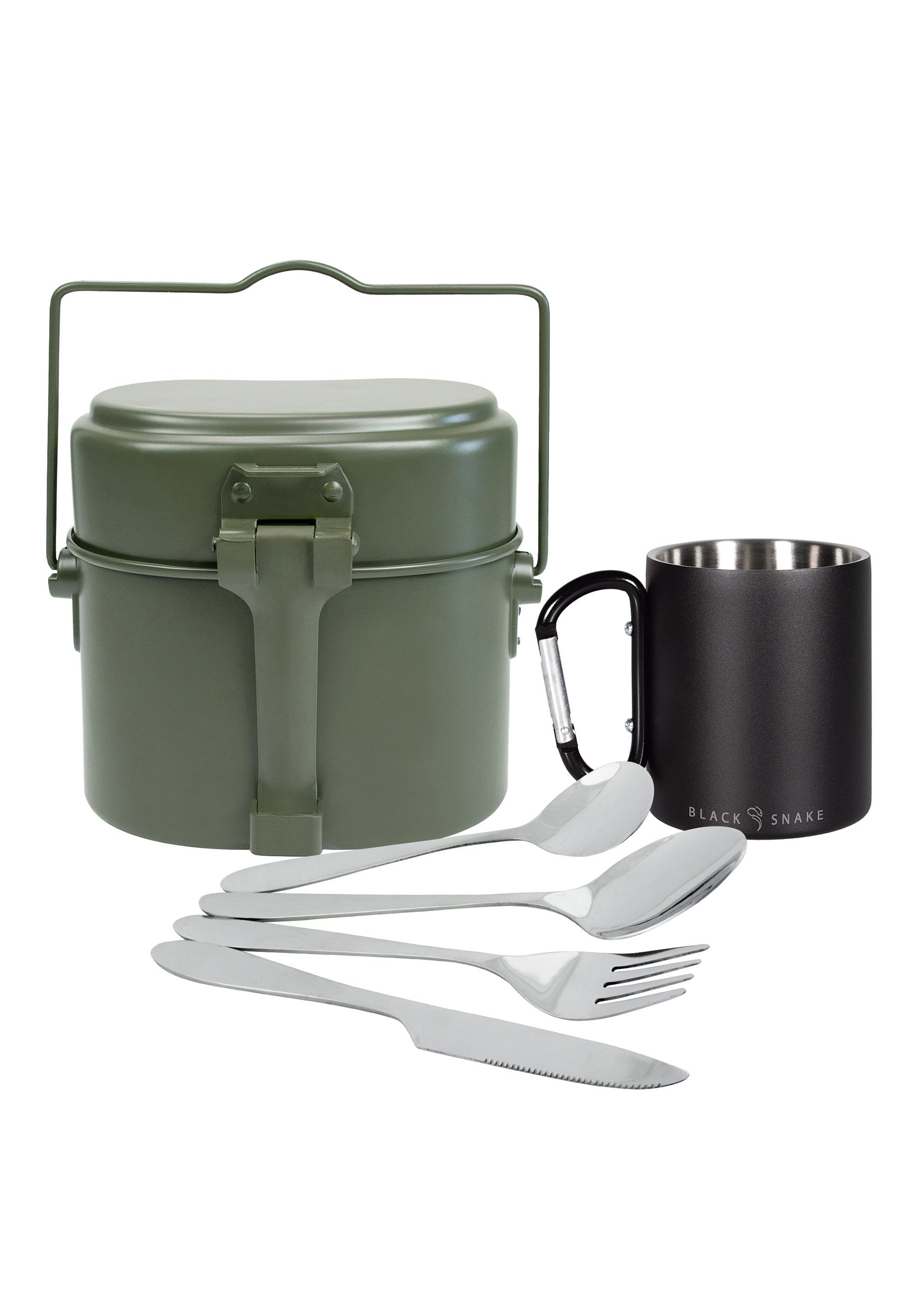 Black Snake Geschirr-Set Camping Kochgeschirr Set mit Thermobecher & Lunch-Besteck (3-tlg), 1 Personen, Aluminum und Edelstahl, Kochgeschirr mit Thermobecher und Lunch-Besteck im Neopren-Etui
