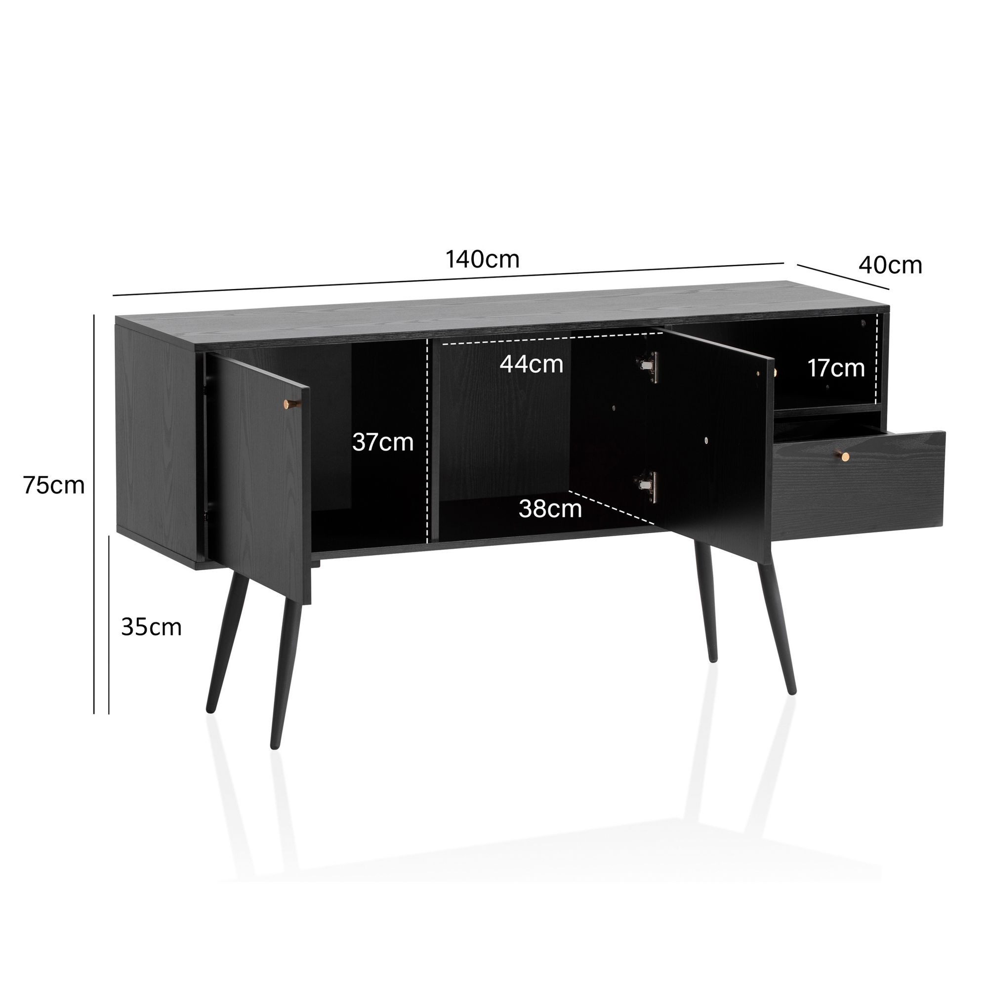 FINEBUY Sideboard FB100035 (Eiche-Dekor Schwarz, 140x75x40 cm Anrichte), Hoher Kommodenschrank, Kommode 2 Türen