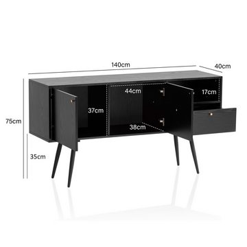 Wohnling Sideboard WL6.826 (140x75x40 cm Anrichte, Eiche-Dekor Schwarz), Kommode 2 Türen, Hoher Kommodenschrank