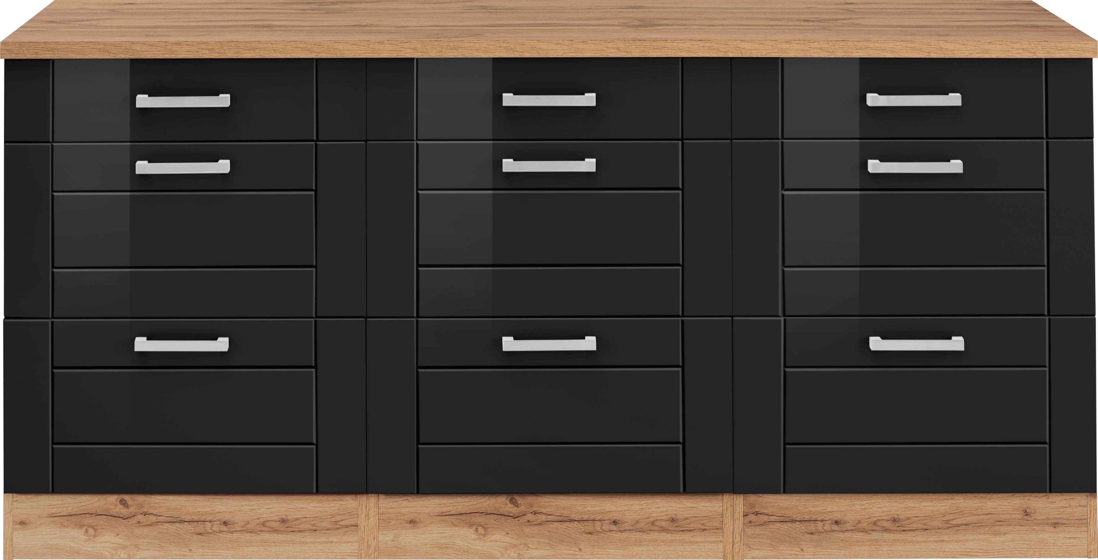 HELD MÖBEL Unterschrank Tinnum 180 cm MDF Auszüge | Fronten, 6 schwarz mit Metallgriffe, 3 breit, Schubkästen, wotaneiche