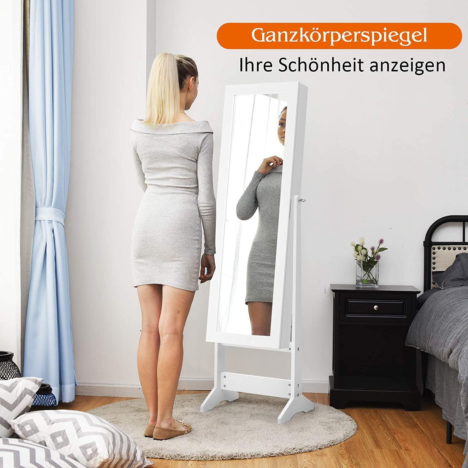 COSTWAY Schmuckregal mit Ganzkörperspiegel, Schmuckschrank neigbar, Schmuckständer – Bild 4 von 5