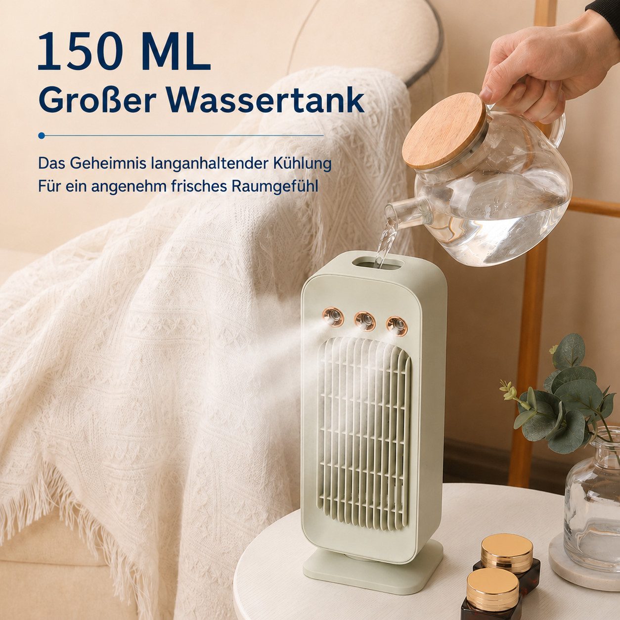 MOPUEA Standventilator Tragbarer Klimaanlagen-Ventilator Turmventilator Mit Sprühnebel, Leiser Akkuventilator mit 3 Stufen und 75°-Oszillation für Outdoor