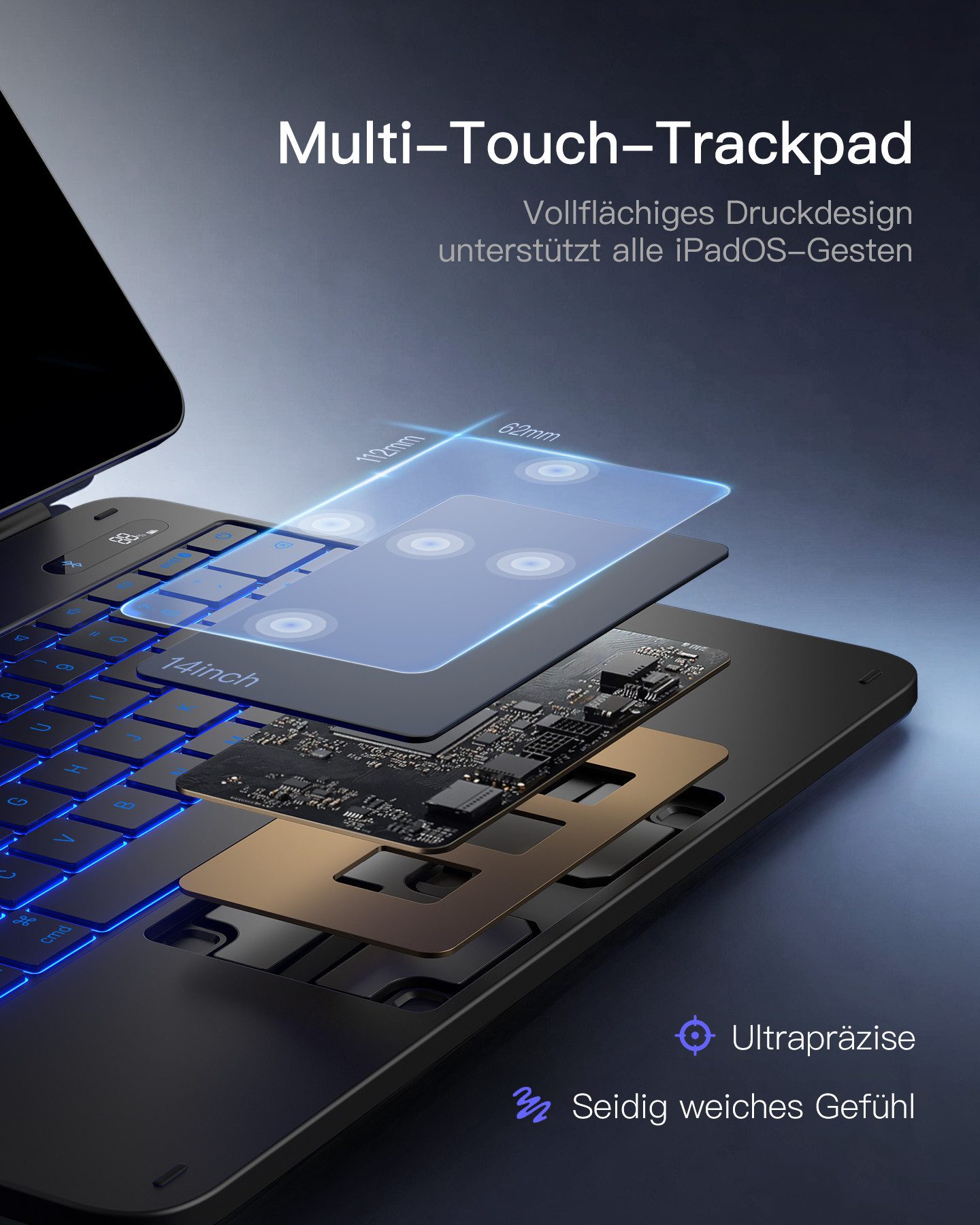 Inateck Magnetische Tastatur Hülle für iPad Air 13‘‘ M4 M3, Pro 13'' M5 M4 iPad-Tastatur (Großes Trackpad,LED Power-Anzeige,Hinterleuchtet, mit Stifthalter)