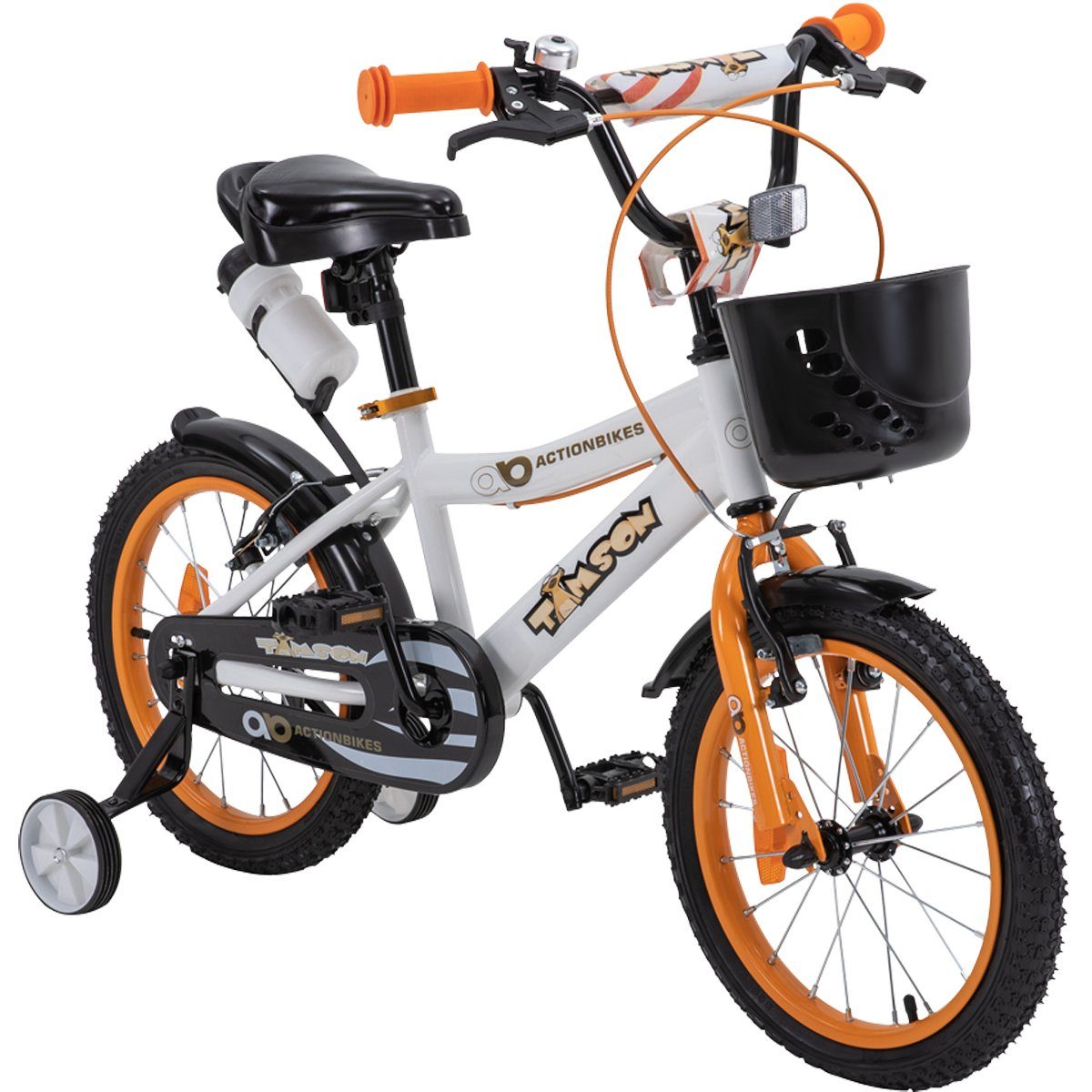 Actionbikes Motors Kinderfahrrad Jungs Mädchen Kinder Fahrrad Timson inkl. Fahrradkorb & Trinkflasche, 1 Gang, ohne Schaltung, (16 Zoll, ab 105 cm Körpergröße, max. Zuladung 40 kg, Stützräder, Klingel, Trinkflasche inkl. Halterung, Reflektoren, Antirutschgriffe, 1-tlg., V-Brake-Bremsen, Luftbereifung, Schutzbleche, weiß / orange / schwarz), höhenverstellbares Bike Jungen Mädchen Kinderrad ab 4 Jahre