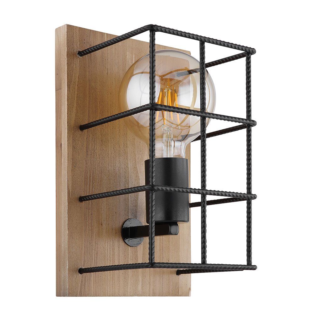 etc-shop Wandleuchte, Leuchtmittel nicht Käfig Holzlampe Wandleuchte schwarz aufwärts braun inklusive, Betonstahl-Gitter