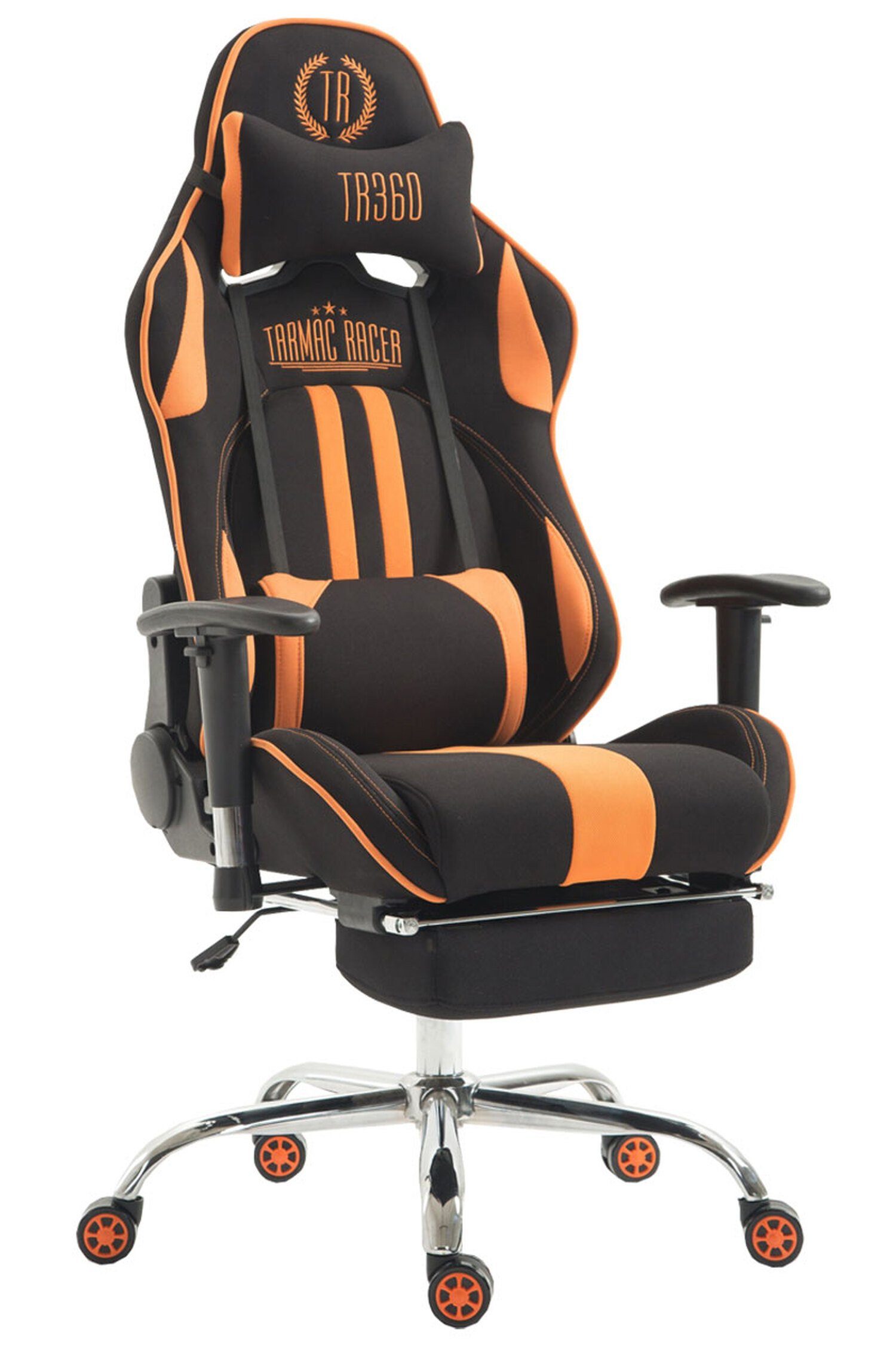 TPFLiving Gaming-Stuhl Limitless mit bequemer Rückenlehne - höhenverstellbar und 360° drehbar (Schreibtischstuhl, Drehstuhl, Gamingstuhl, Racingstuhl, Chefsessel), Gestell: Metall chrom - Sitzfläche: Stoff schwarz/orange