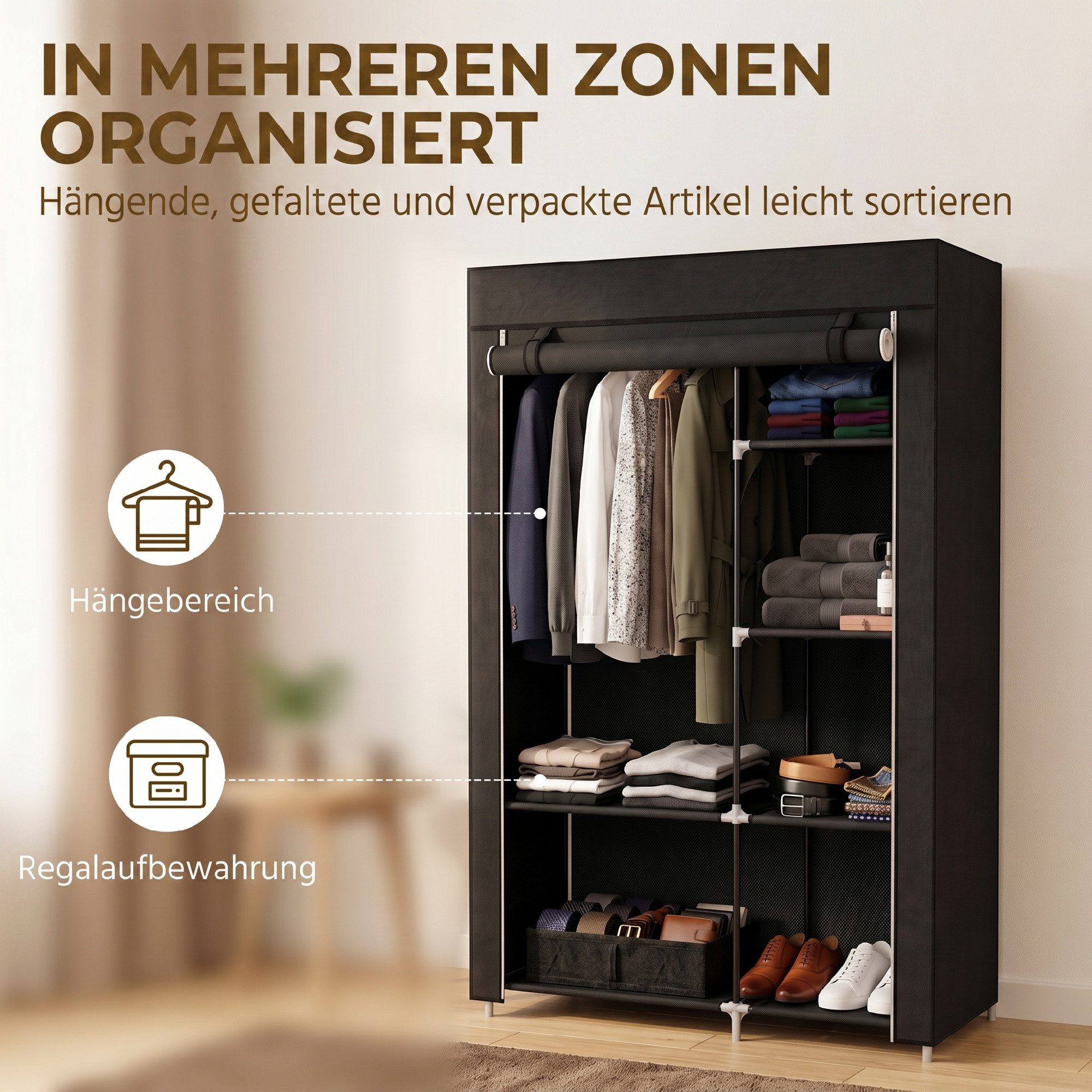 furnicato Kleiderschrank Stoffschrank Schwarz 103L x 43B x 162,5H cm mit Garderobenschrank mit 6 Einlegeböden, Reißverschluss und Staubschutz – Bild 3 von 5