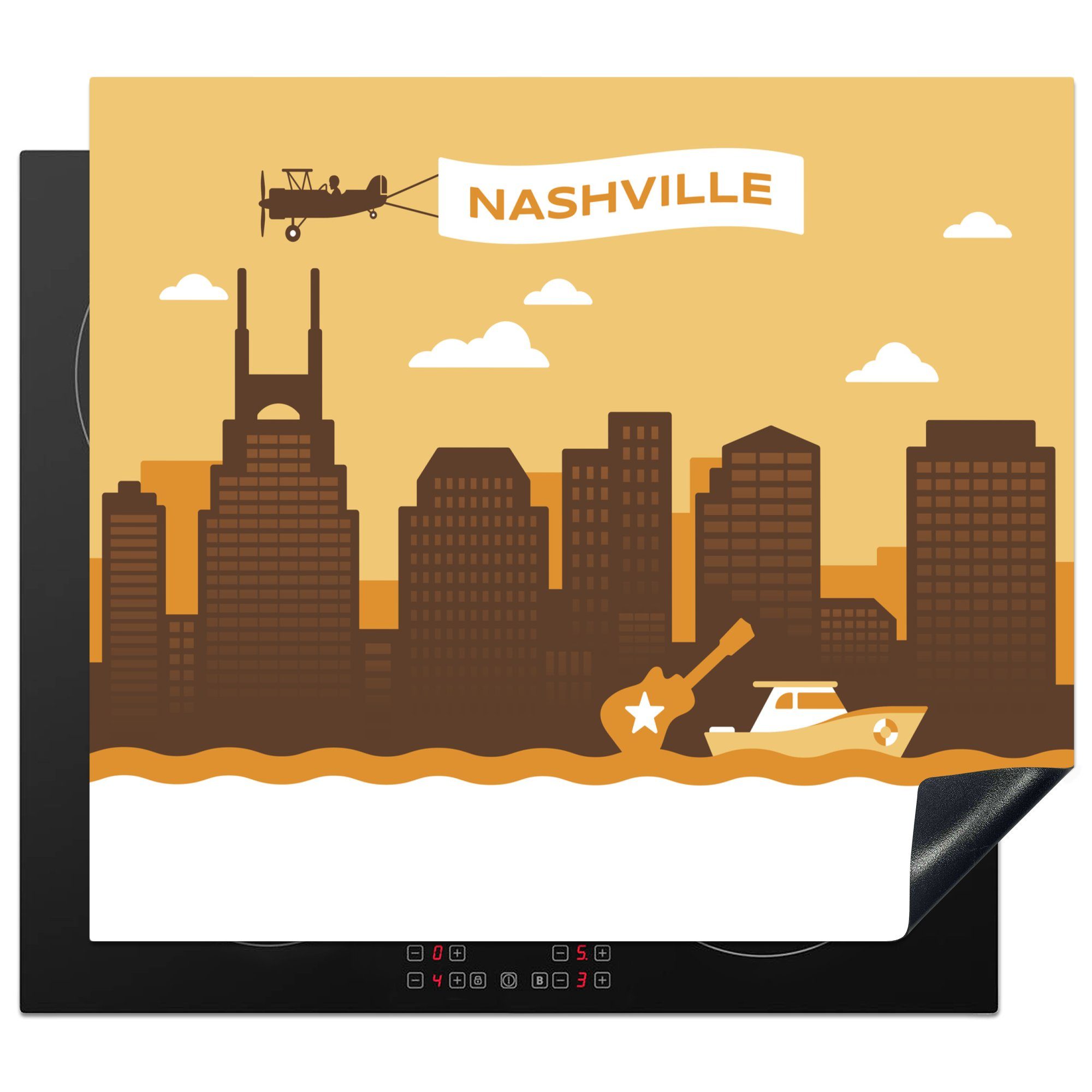 MuchoWow Herdblende-/Abdeckplatte Illustration von Nashville unter einem orangefarbenen Himmel, Vinyl, (1 tlg), 60x52 cm, Mobile Arbeitsfläche nutzbar, Ceranfeldabdeckung