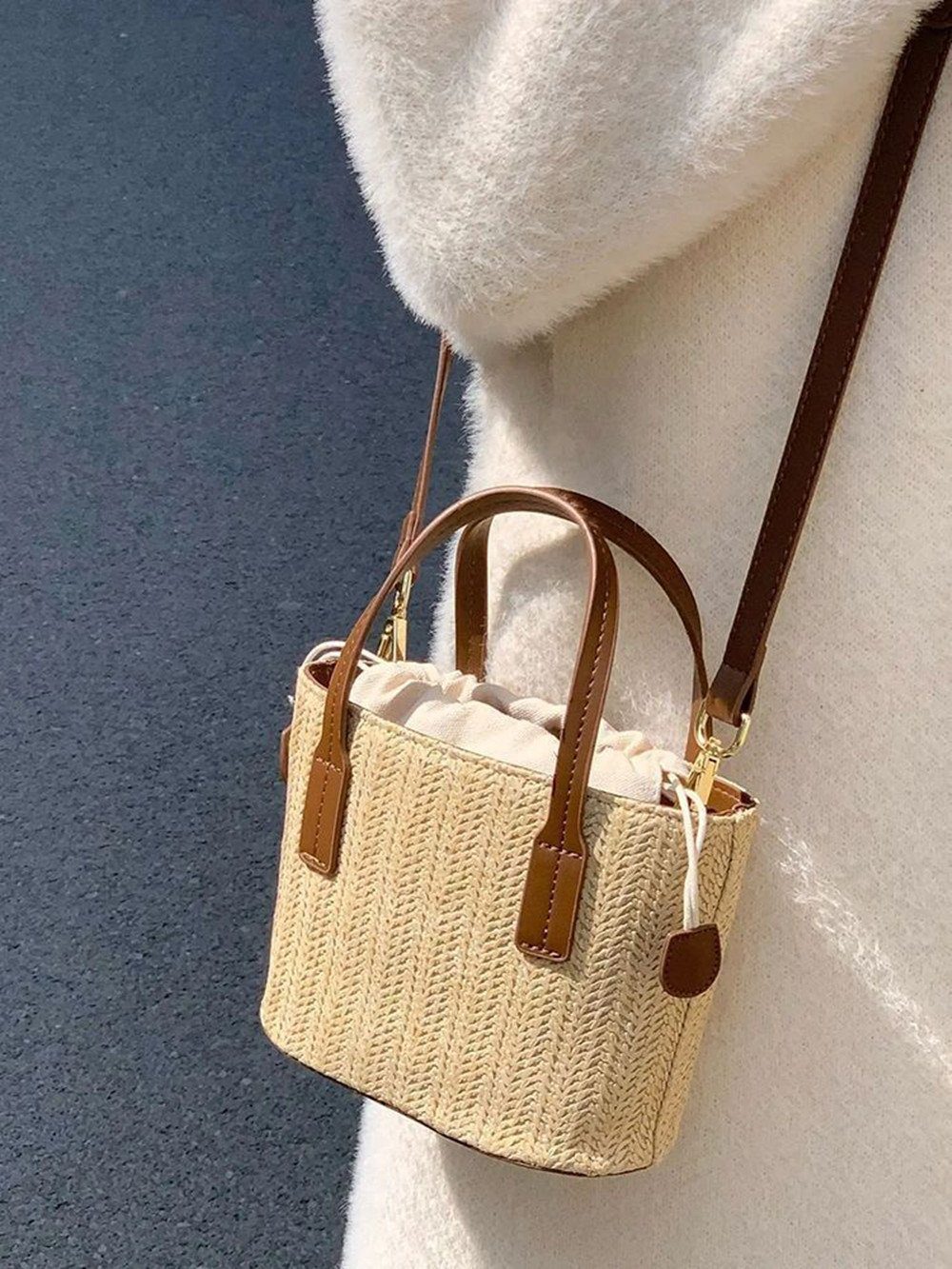 Geflochtene Strandtasche Dackel Design - Vintage Korbtasche Aus Kunststoff