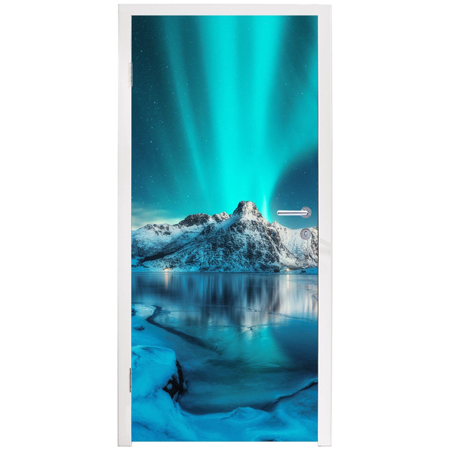 St), Norwegen Berge, - Eis Türaufkleber, für Tür, MuchoWow cm (1 Nordlicht Blau - Schnee Matt, - Türtapete - Fototapete 75x205 bedruckt, -