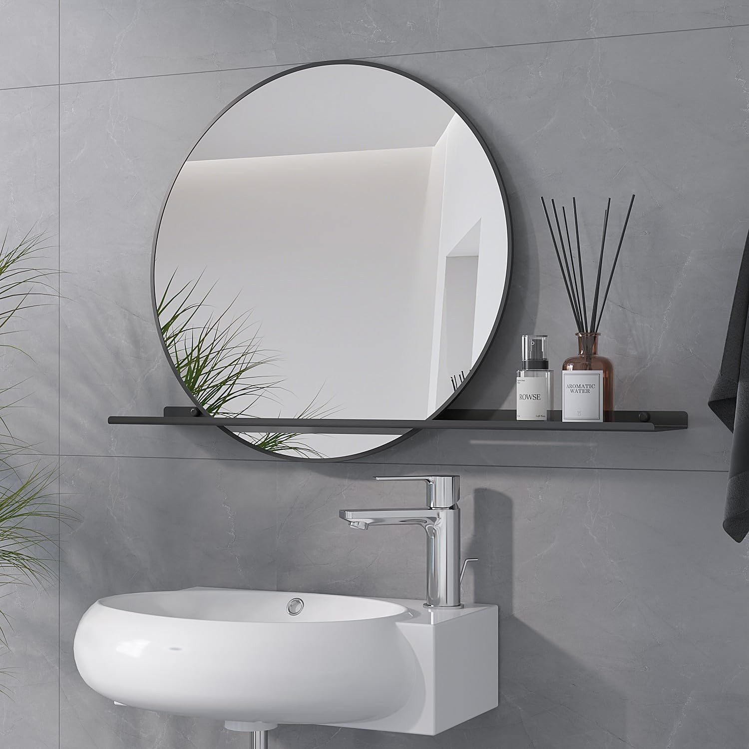 AQUALAVOS Spiegel Runder Badezimmerspiegel 50 cm mit Ablage schwarzer Rahmen ohne LED, Minimalistisches modernes Design für Flur Bad Waschtisch Schlafzimmer