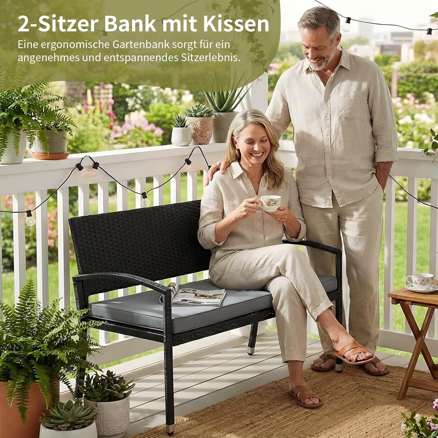 TLGREEN Gartenbank 2-Sitzer Rattan-Sofa mit Kissen (Komfortable Gartenlouge aus Wettersicherem PE-Rattan, Stabiler Metallrahmen, Terrassenmöbel Set für Außenbereich), Outdoor Sofa für Garten/Terrasse/Balkon