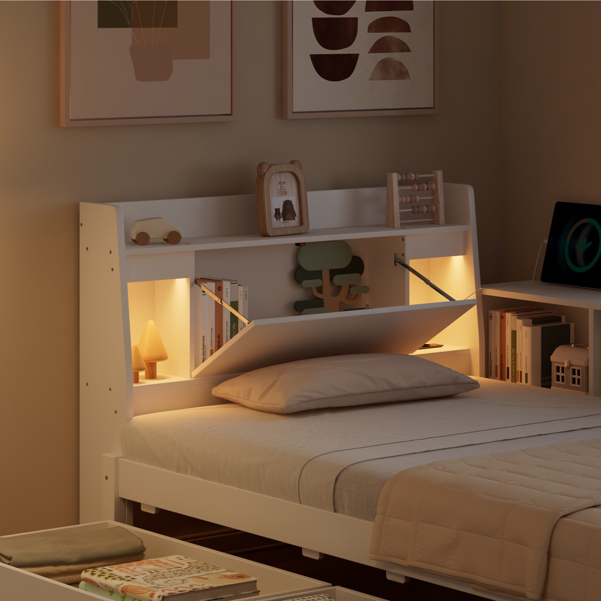 SOFTWEARY Stauraumbett (90x200 cm, Lattenrost, Schubladen, Regal, LED-Beleuchtung, Mehrfachsteckdose), Einzelbett, Holzbett, Jugendbett, Kiefer – Bild 5 von 5