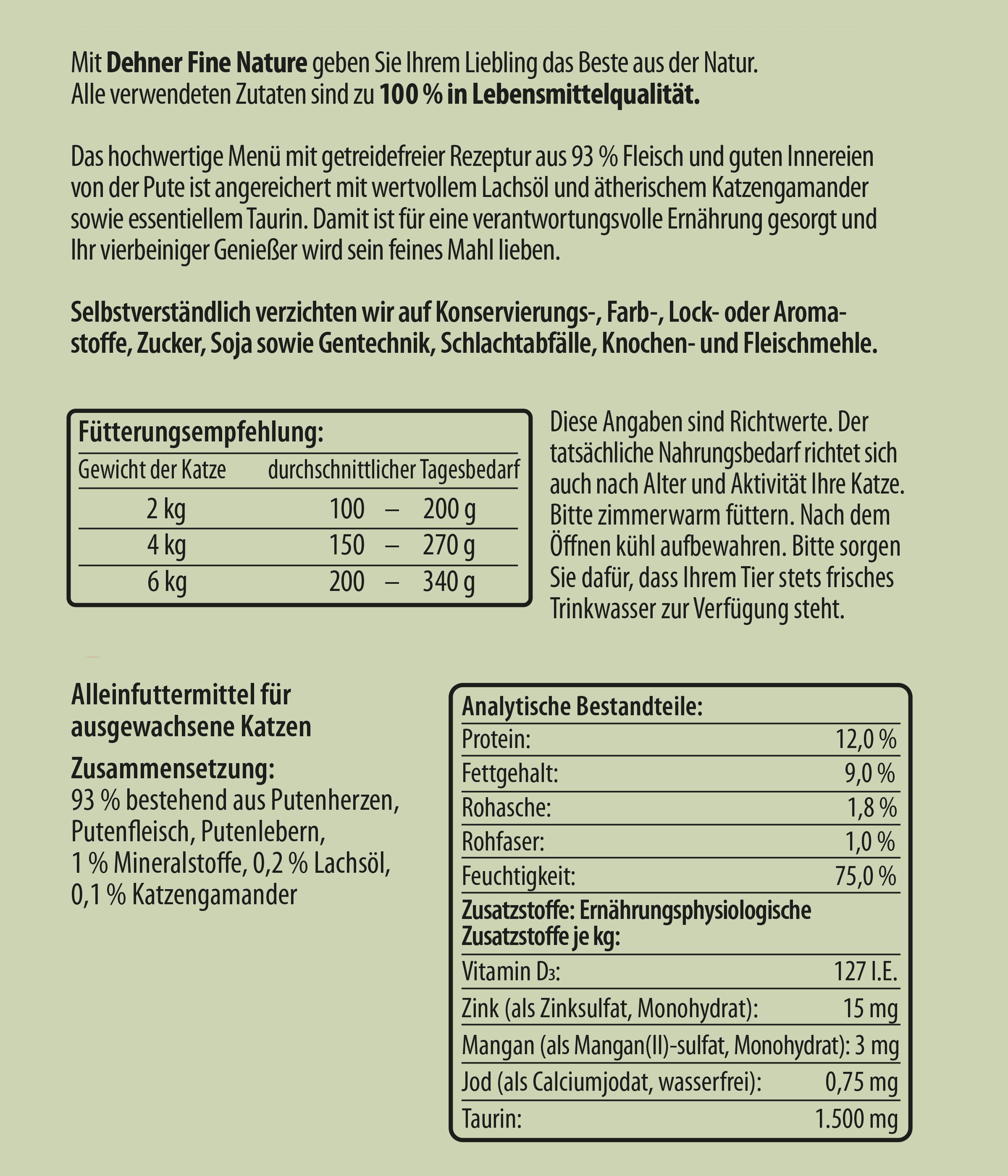 Dehner Fine Nature Adult Pute mit Lachsöl, 6 x 200 g / 400 g Dose Pute, Nassfutter für: Katze, Nassfutter für ausgewachsene Katzen, getreidefrei