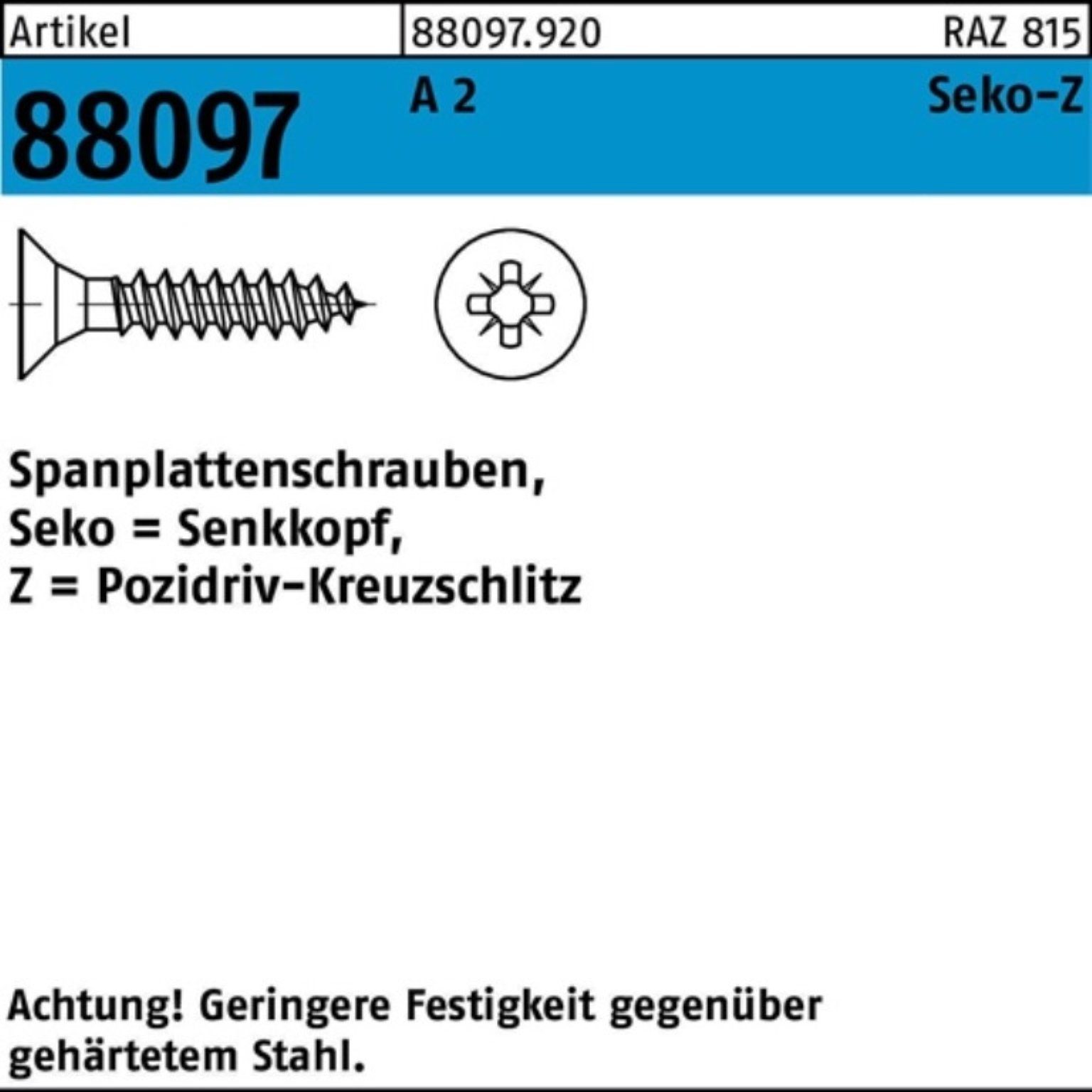 Reyher Spanplattenschraube 200er Pack Spanplattenschraube R 88097 Seko PZ 3,5x 50-Z A 2 200 Stüc