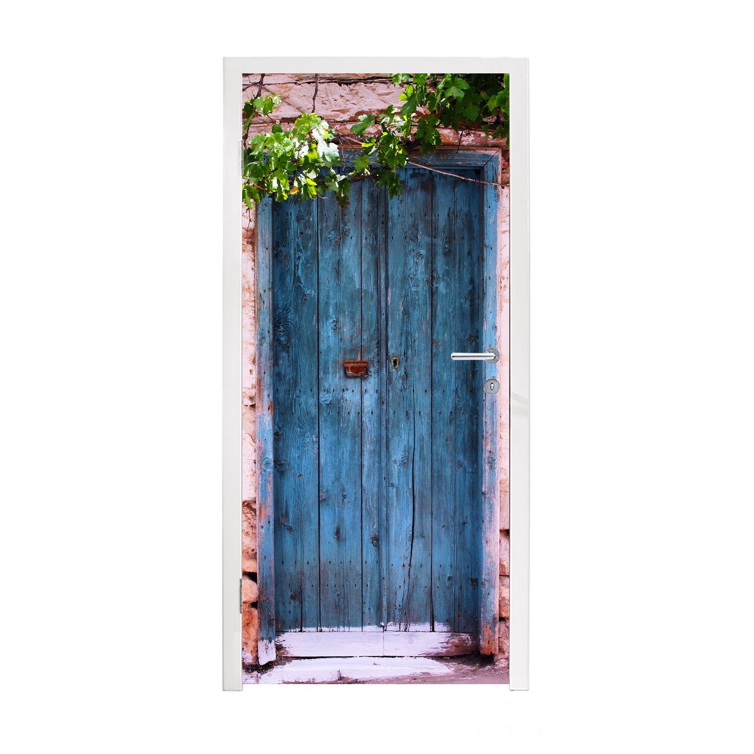 MuchoWow Türtapete Vintage - Tür - Haus - Blau - Baum, Matt, bedruckt, (1 St), Fototapete für Tür, Türaufkleber, 75x205 cm