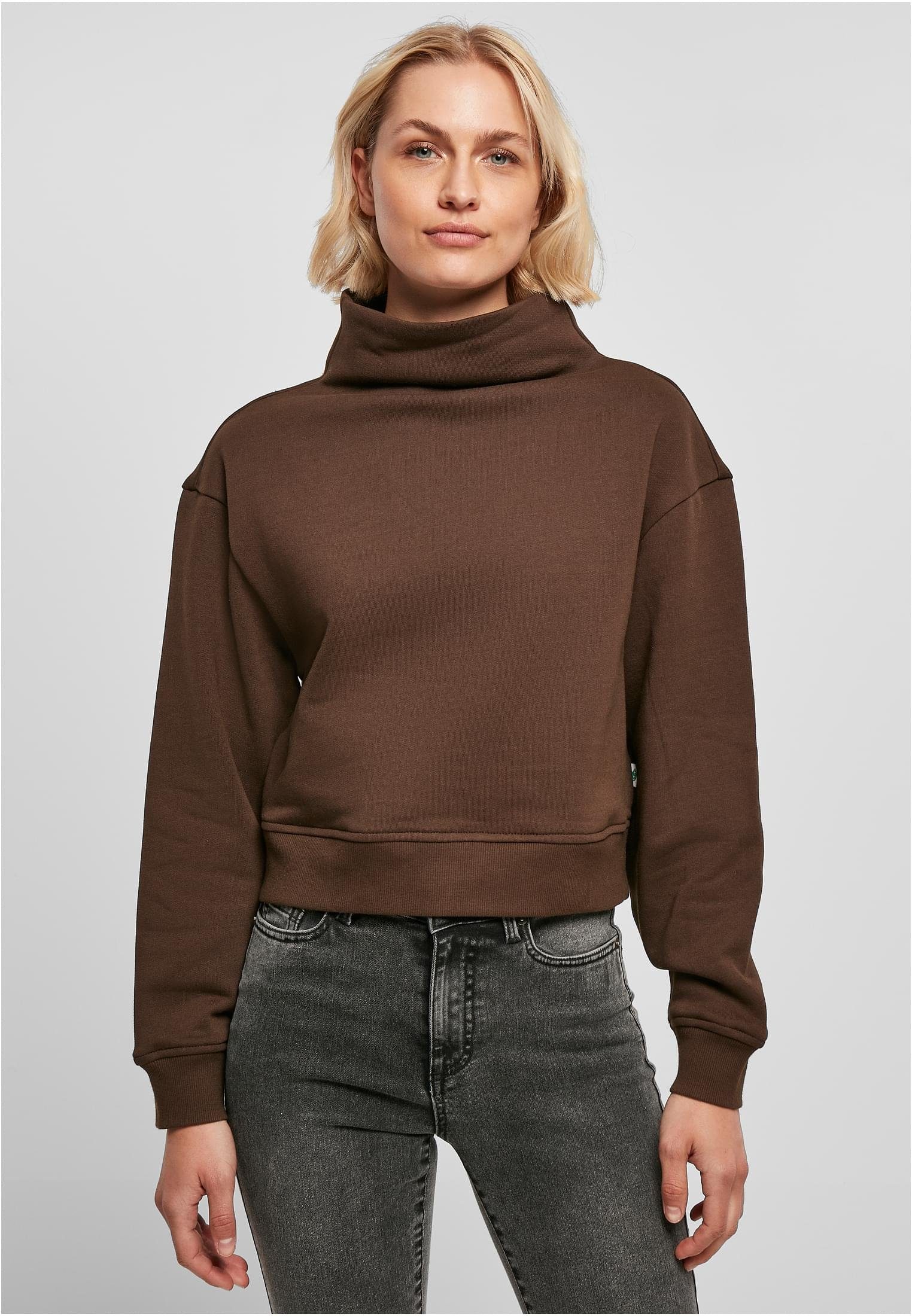 URBAN CLASSICS Sweater Damen Ladies Organic Short High Neck Crew (1-tlg) brown