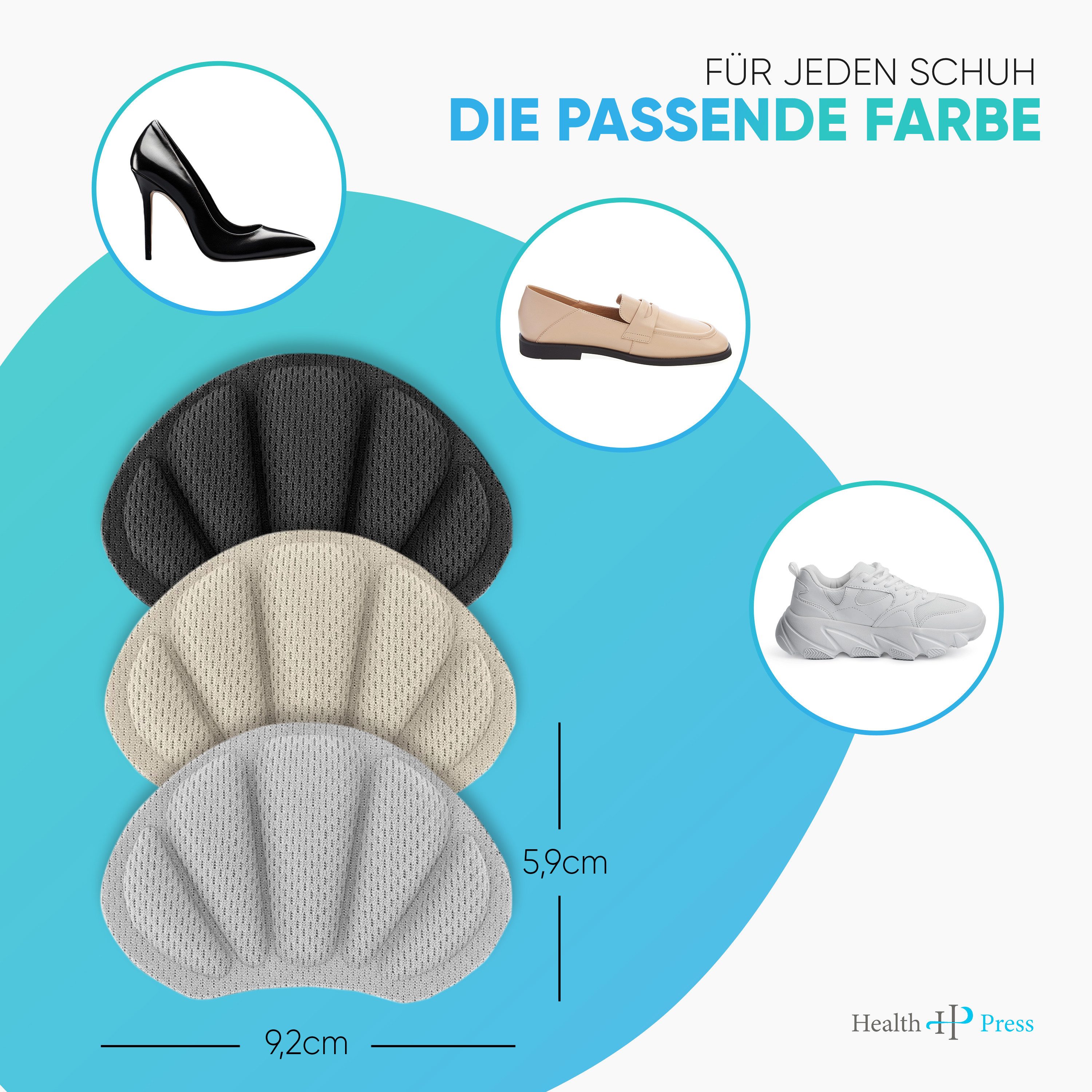 Health Press Fersenpolster Premium Fersenkissen - 3 Paar Schuheinlagen in Schwarz, Grau, Beige (Universell zuschneidbar, 6-tlg., Extra starke Klebekraft), Fersenschutz gegen Reibung und Blasen