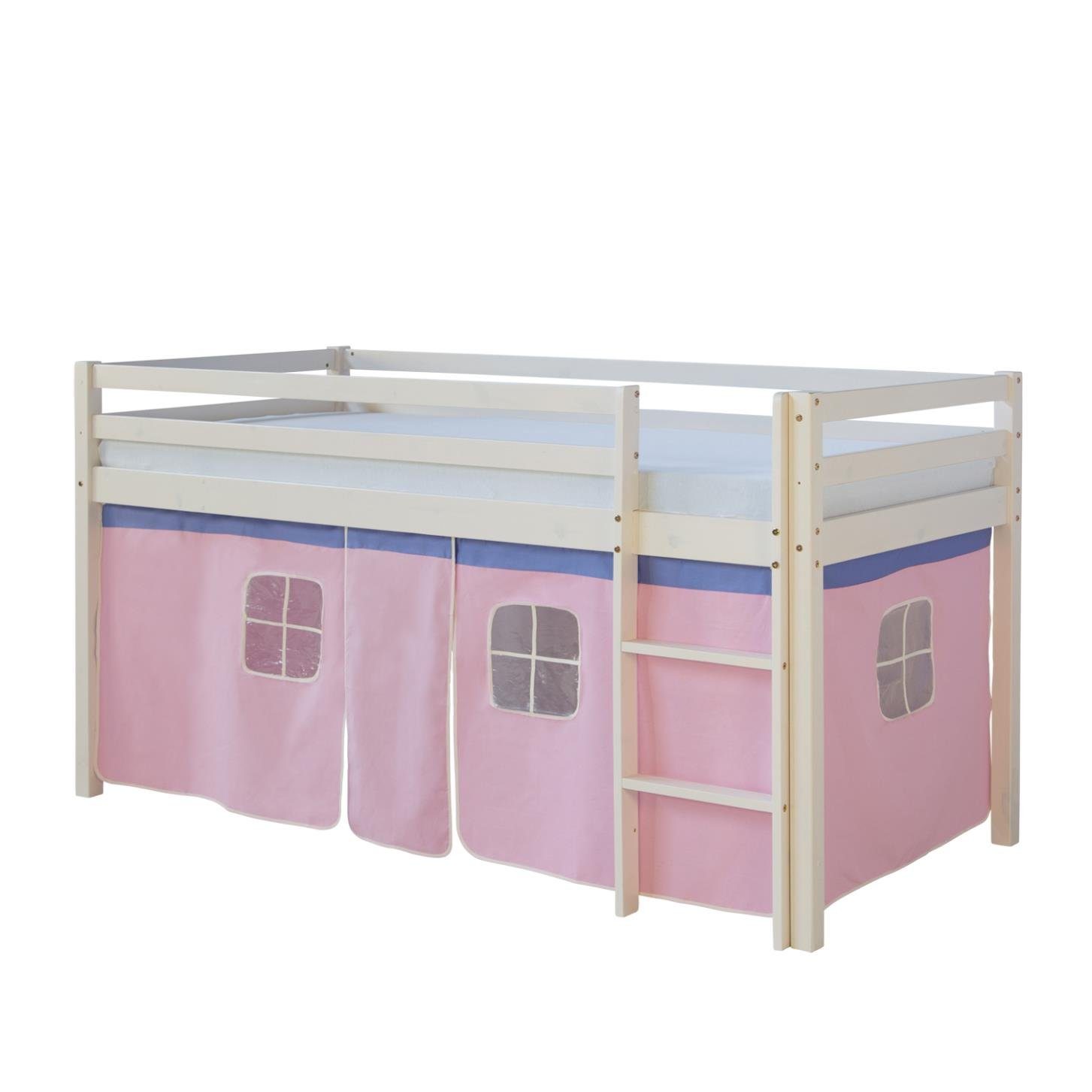 Homestyle4u Hochbett Kinderbett mit Leiter und Vorhang Weiß Rosa Holz Treppe Kinder