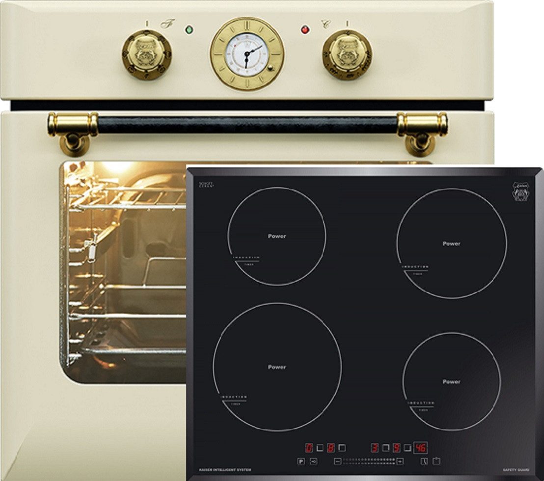 Kaiser Küchengeräte Backofen-Set EH 6432 ElfBe+KCT 6705 FI, mit 1-fach-Teleskopauszug, Retro Einbau Backofen Elektro, Autark, 68 L+Induktions-Kochfeld 60 cm