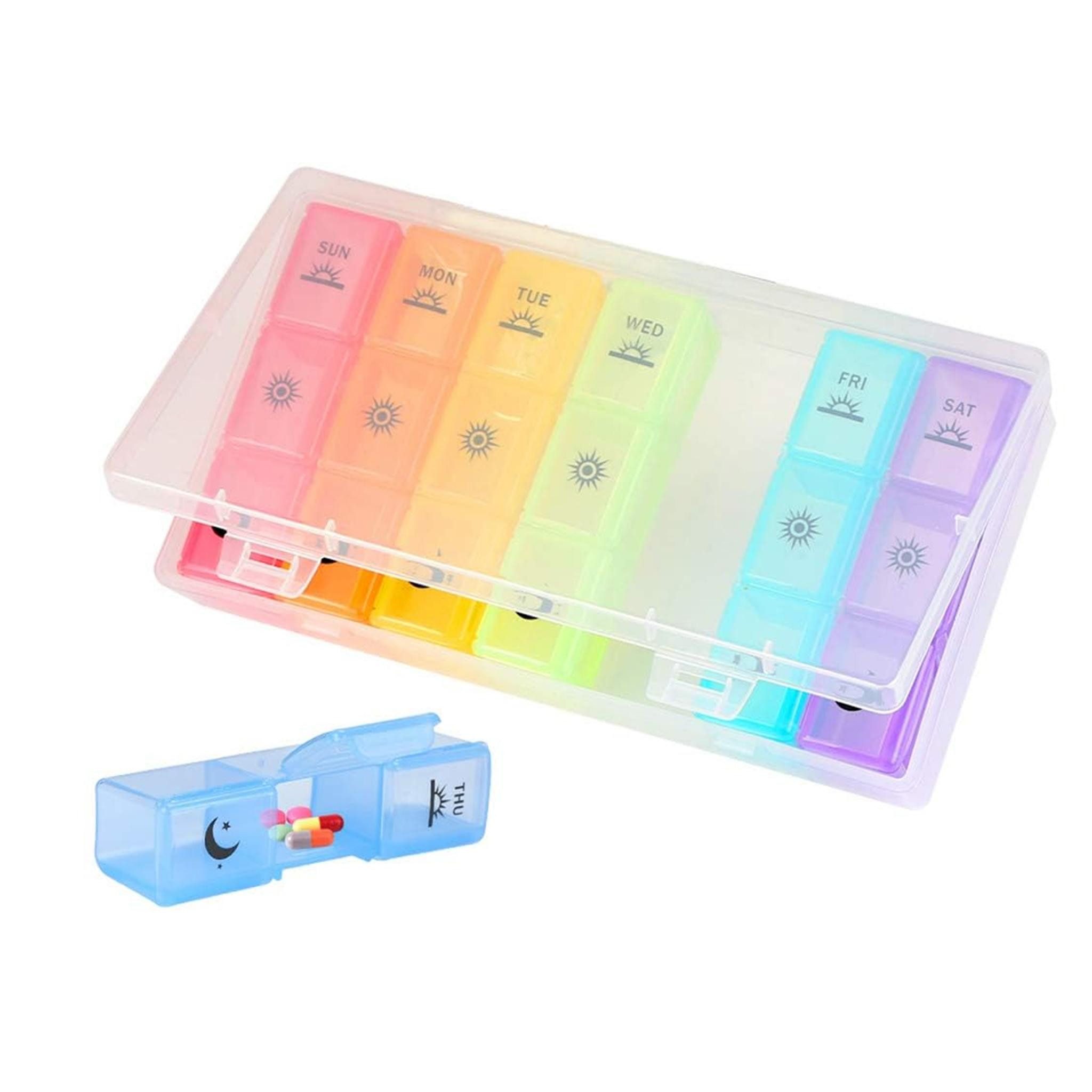 LA CUTE Pillendose Wöchentlicher Pillen-Organizer mit Tages- und Zeitaufteilung (Medikamentenbox für eine Woche mit Tages- und Zeitaufteilung, 7 St., Wöchentlicher Pillen-Organizer mit 7 x 3 Fächern), Übersichtlicher Medikamenten-Organizer für eine ganze Woche