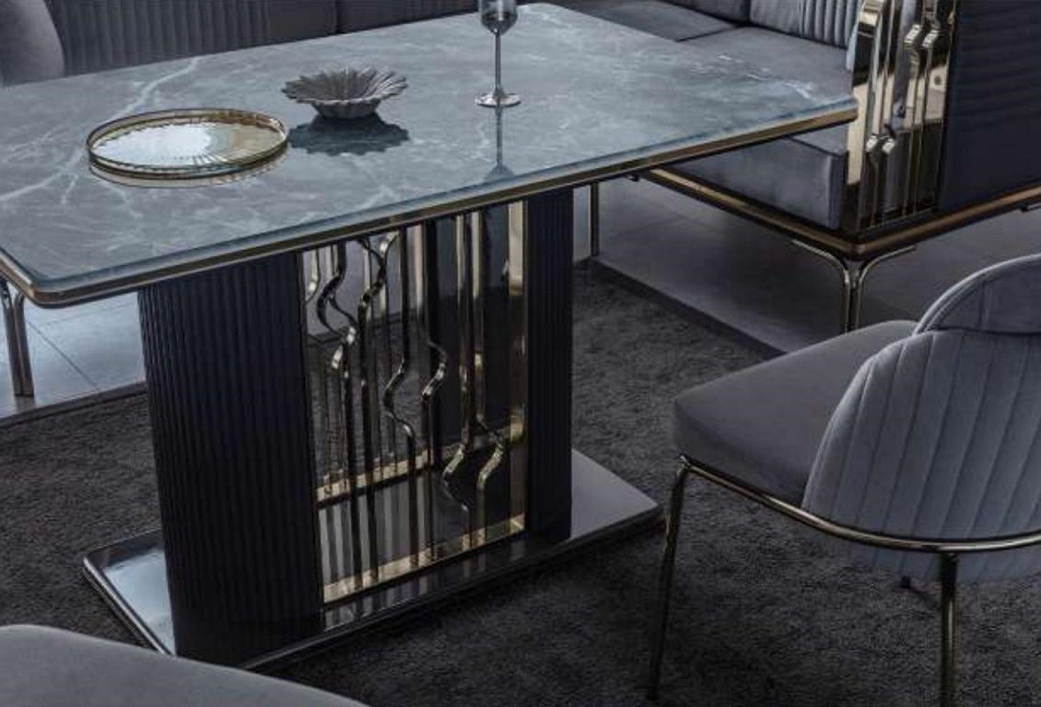 JVmoebel Essgruppe Graues Esszimmer Set aus Edelstahl mit Textil-Stühlen, (4-tlg., Esstisch/2х Stühle/Eckbank), Made in Europa